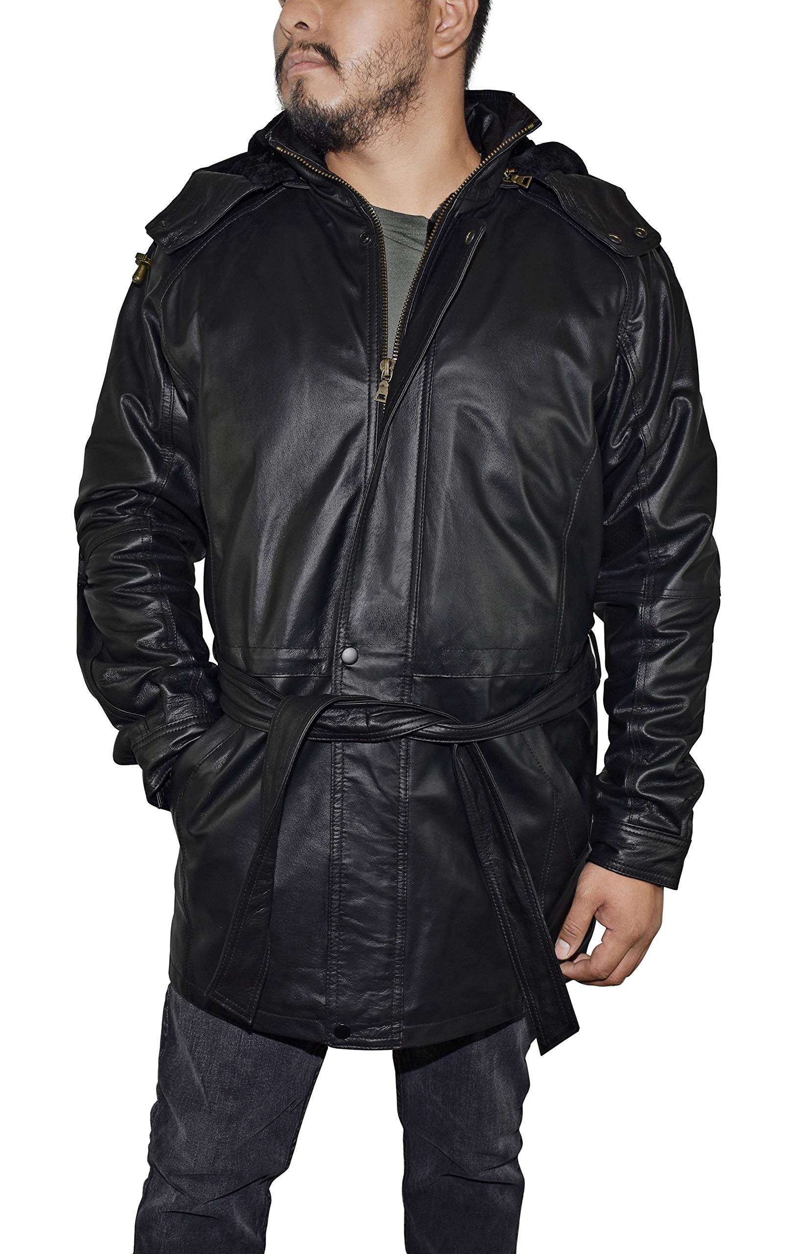 Outfitters Men's 3/4 Length Genuine Leather Coat w/Removable Hood
