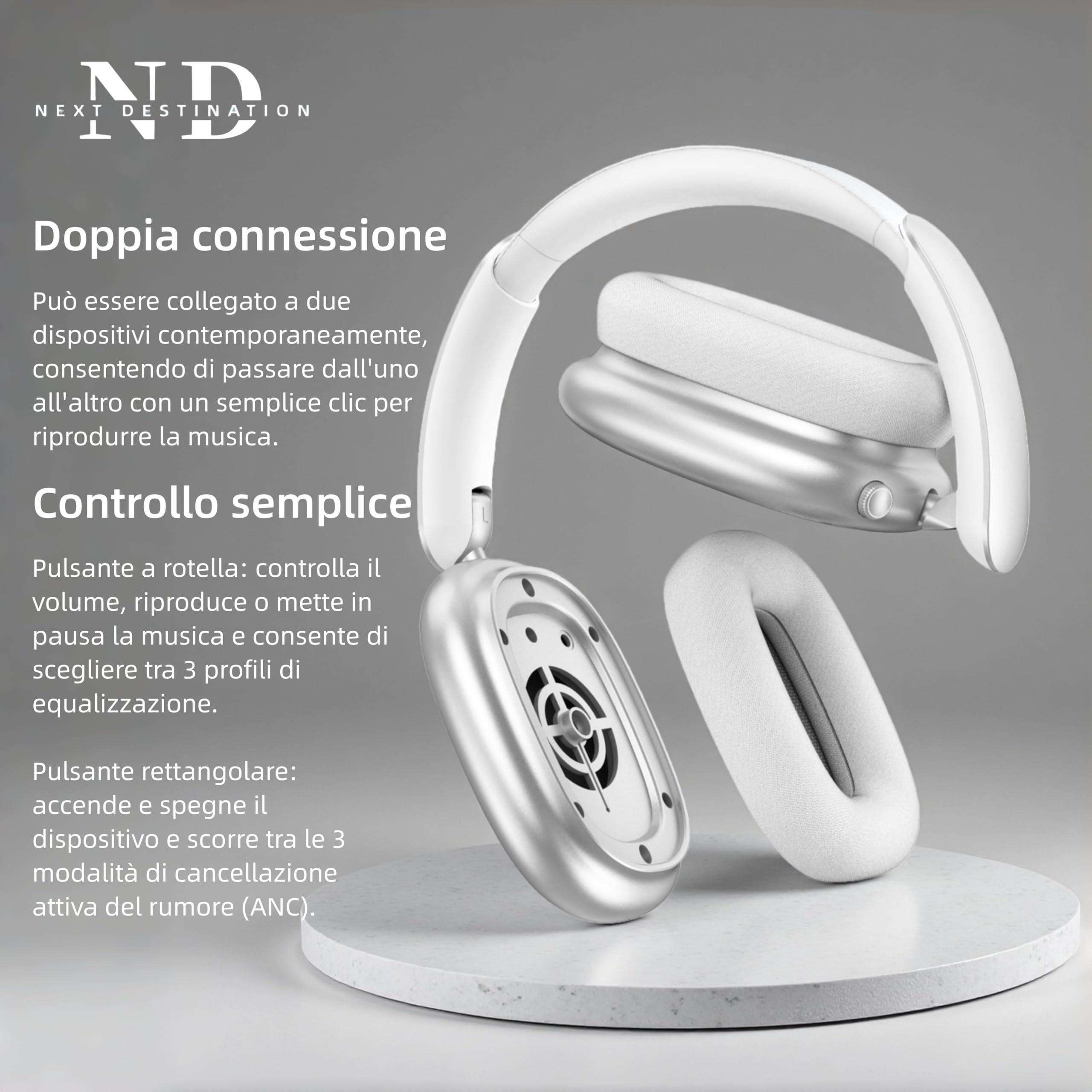 NEXT DESTINATION ND905-ANC Cuffie Wireless Senza fili Bluetooth 5.4 con Cancellazione Attiva del Rumore 40H Bassi Potenti Auricolari Caschi con Microfoni Cuscinetti Magnetici Conne Doppia