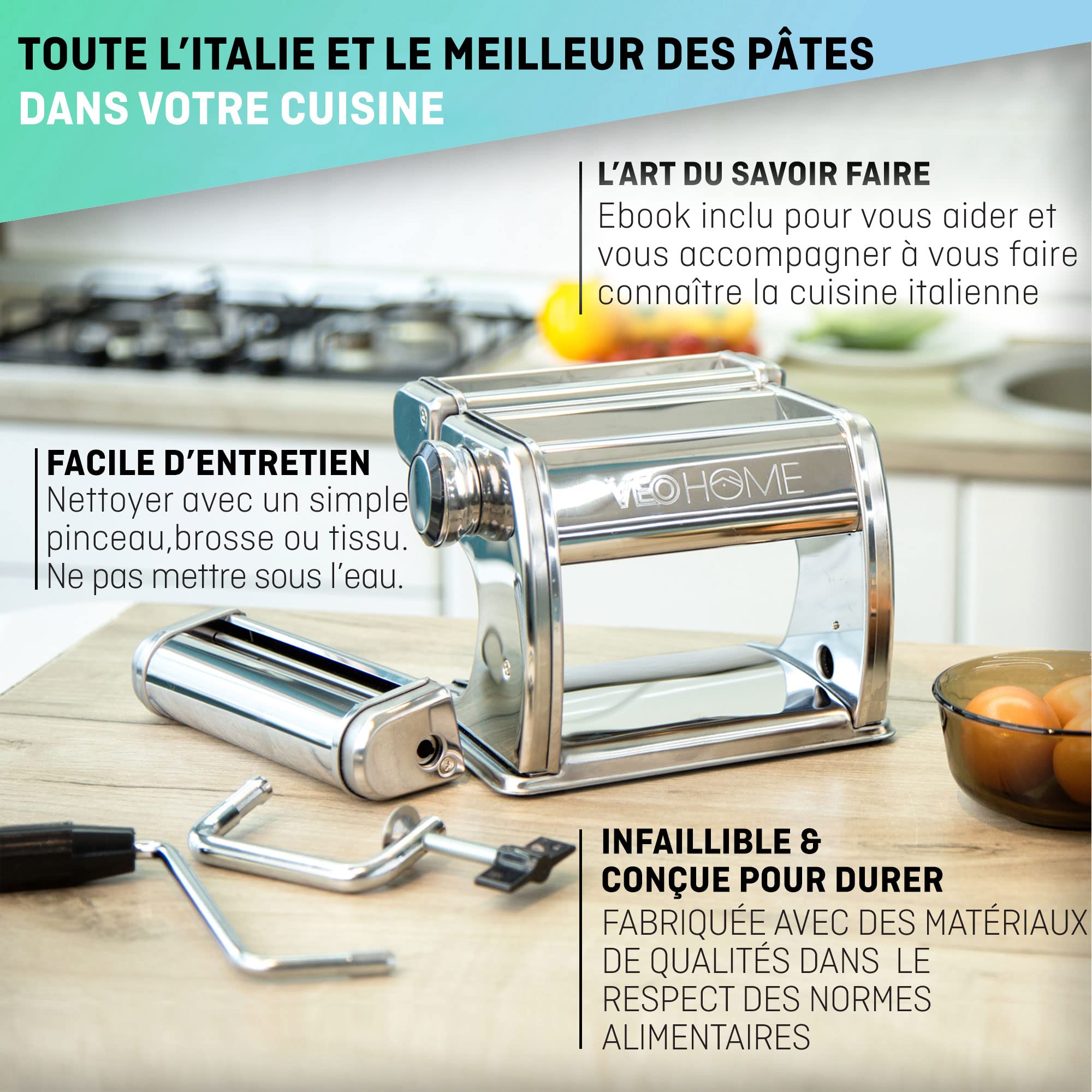 VeoHome Machine à pâtes Manuelle avec séchoir - Acier Inoxydable Outil Polyvalent réglable en épaisseur, laminoir et manivelle - Nouilles fraîches Maison, Spaghetti, lasagnes