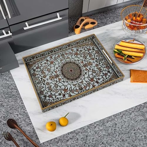 Miniatura 5 de Fuukou Bandeja grande de plástico con asas, bandeja decorativa para mesa de café otomana, bandeja rectangular grande bohemia para sala de estar,