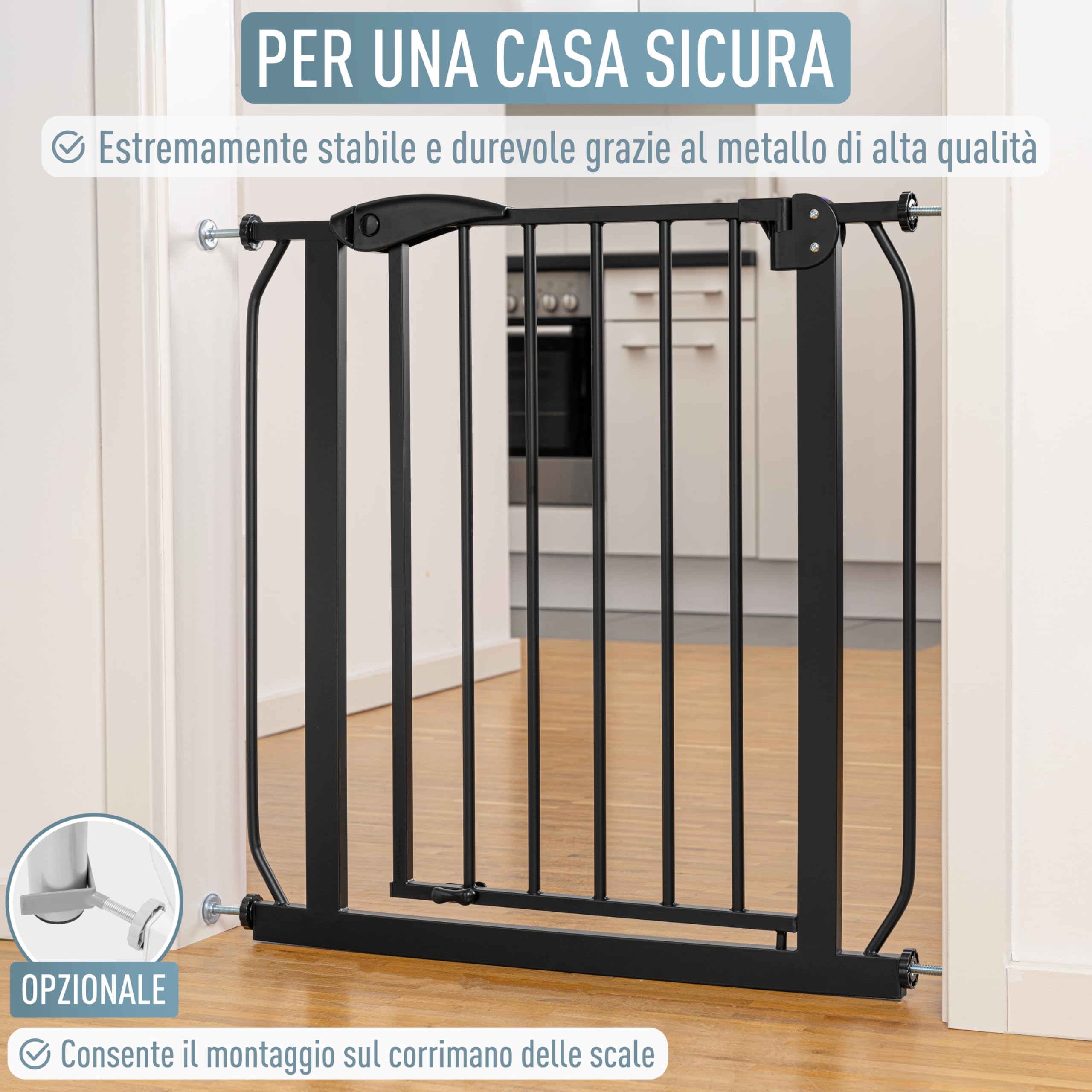 ib style Cancelletto per Bambini di Sicurezza Berrin XXL - Scale e Porte, Senza forature, Metallo, Barriera Protettiva, Anche per Cani e Animali Domestici, Nero, Larghezza: 85-95 cm