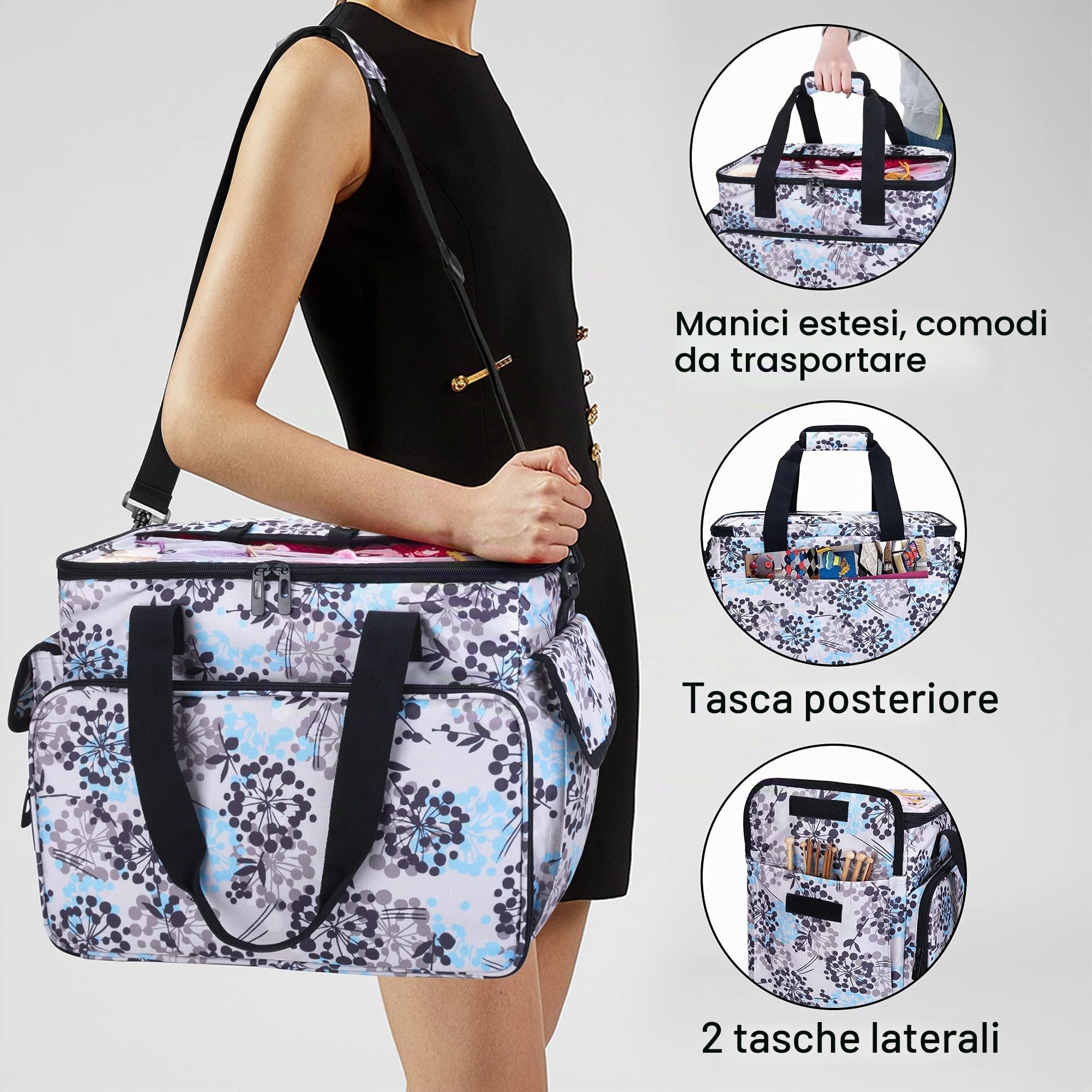 CURMIO Borsa per Lavoro a Maglia con Coperchio Trasparente, Dente di Leone | Organiser per Aghi / Uncinetto/ Ferri, Scomparti Multipli, 4 Occhielli, Tracolla Rimovibile, Senza Accessori Inclusi