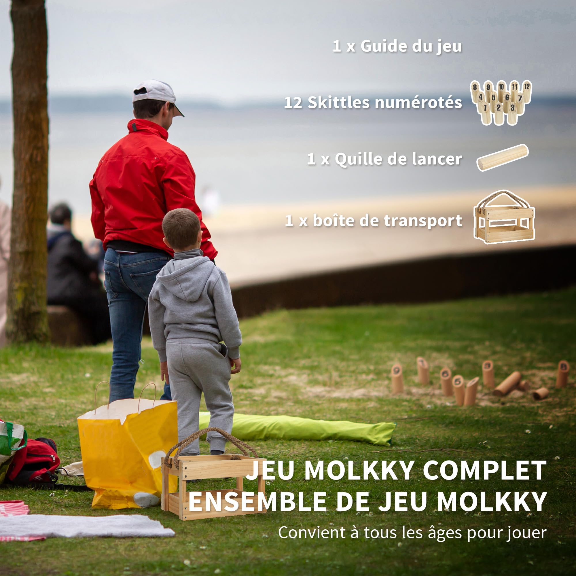 SPORTNOW Jeu de quilles finlandaises, Jeu de Plein air en Bois de pin 12 quilles, 1 bâton et 1 boîte de Transport, Jeux de Plein air pour Adultes, Jardin, Pique-Nique, Plage, fête, Effet Bois Naturel