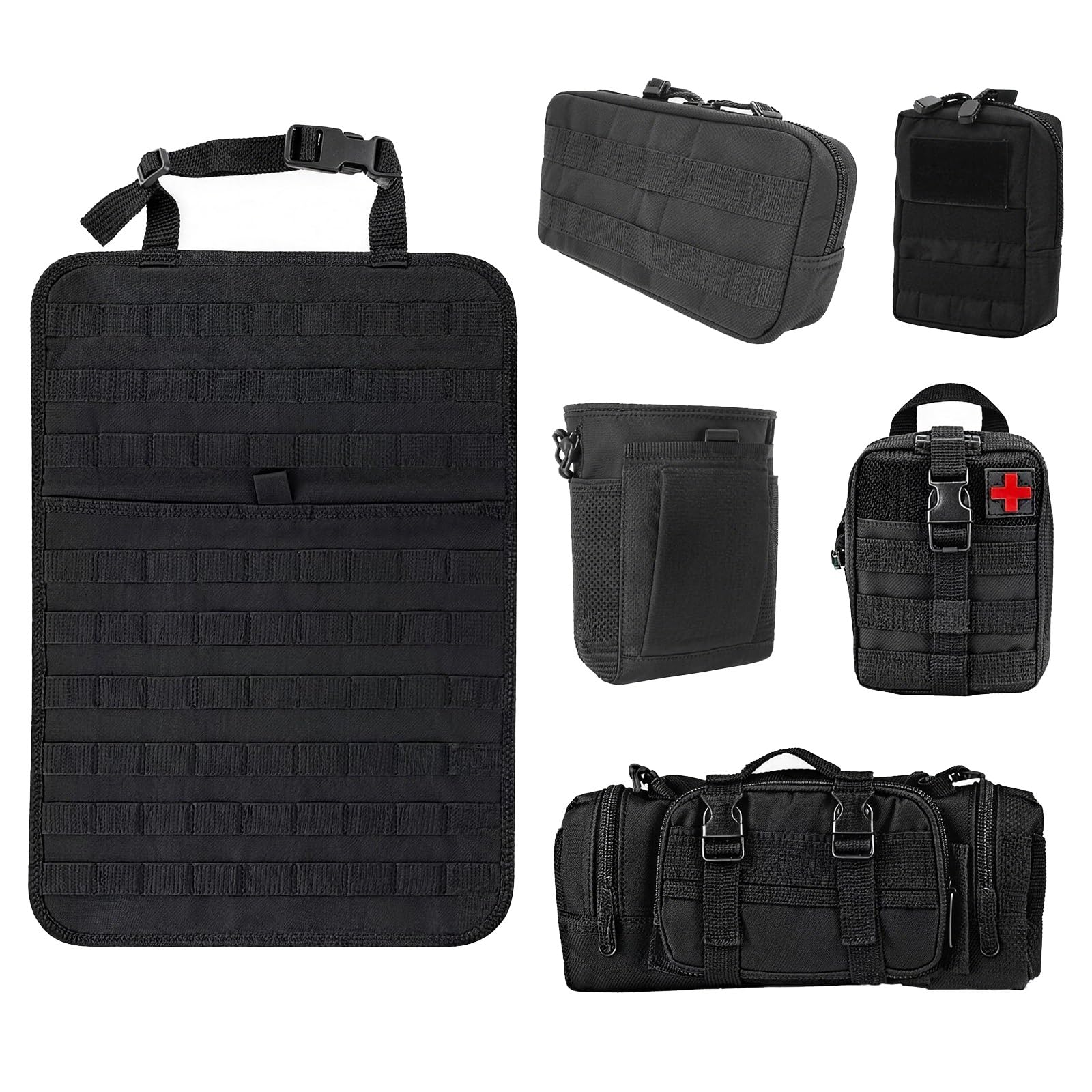 6-in-1 Tasca Tattica per Sedile Posteriore, Multifunzione per Auto | Pannello MOLLE Auto, 5 Tasche Rimovibili, Grande Organizzatore Posteriore per Tutti - Tieni in Ordine.(Black)