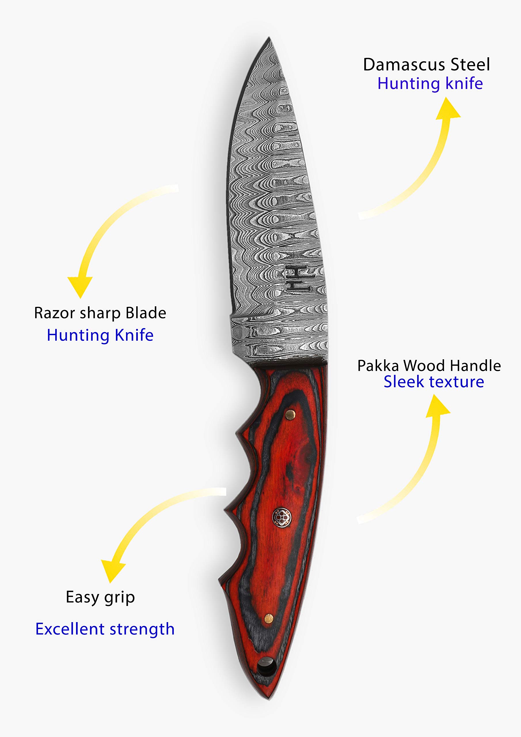 Hobby Hut HH-347, Damaststahl-Jagdmesser mit Scheide, Messer mit Fester Klinge