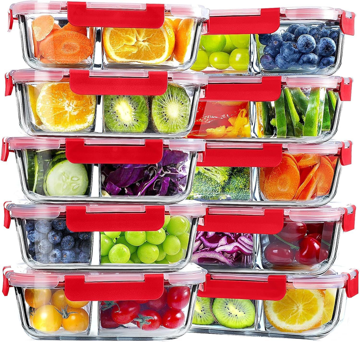 VERONES Confezione da 10 contenitori in vetro per la preparazione dei pasti a 2 scomparti, contenitori ermetici per il pranzo, in vetro con coperchio, adatti a microonde, forno, congelatore e