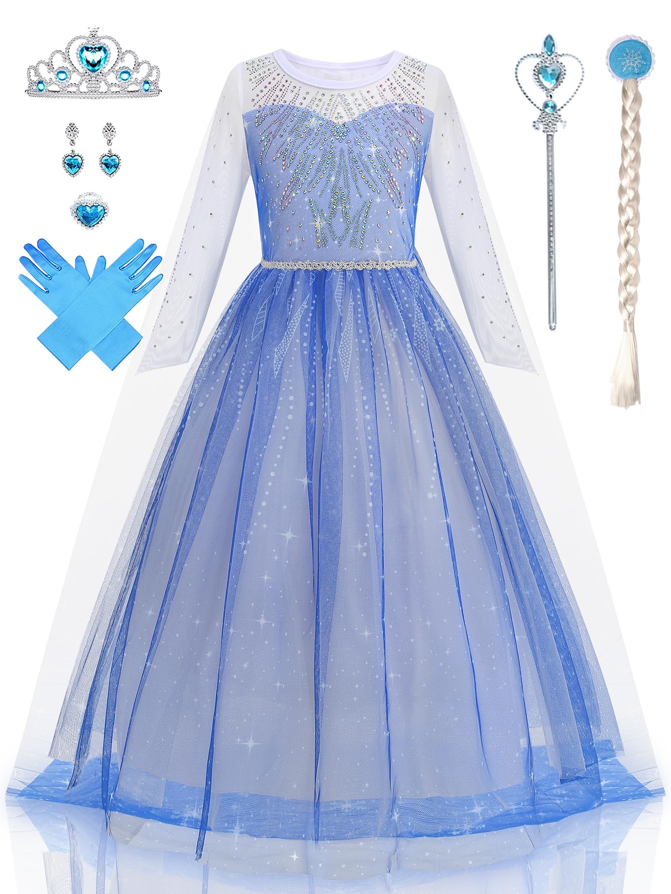 EARJIA Princess Dress up for Girls Blue Snow Queen Costume for Kids Birthday Halloween Cosplay Party Outfit
