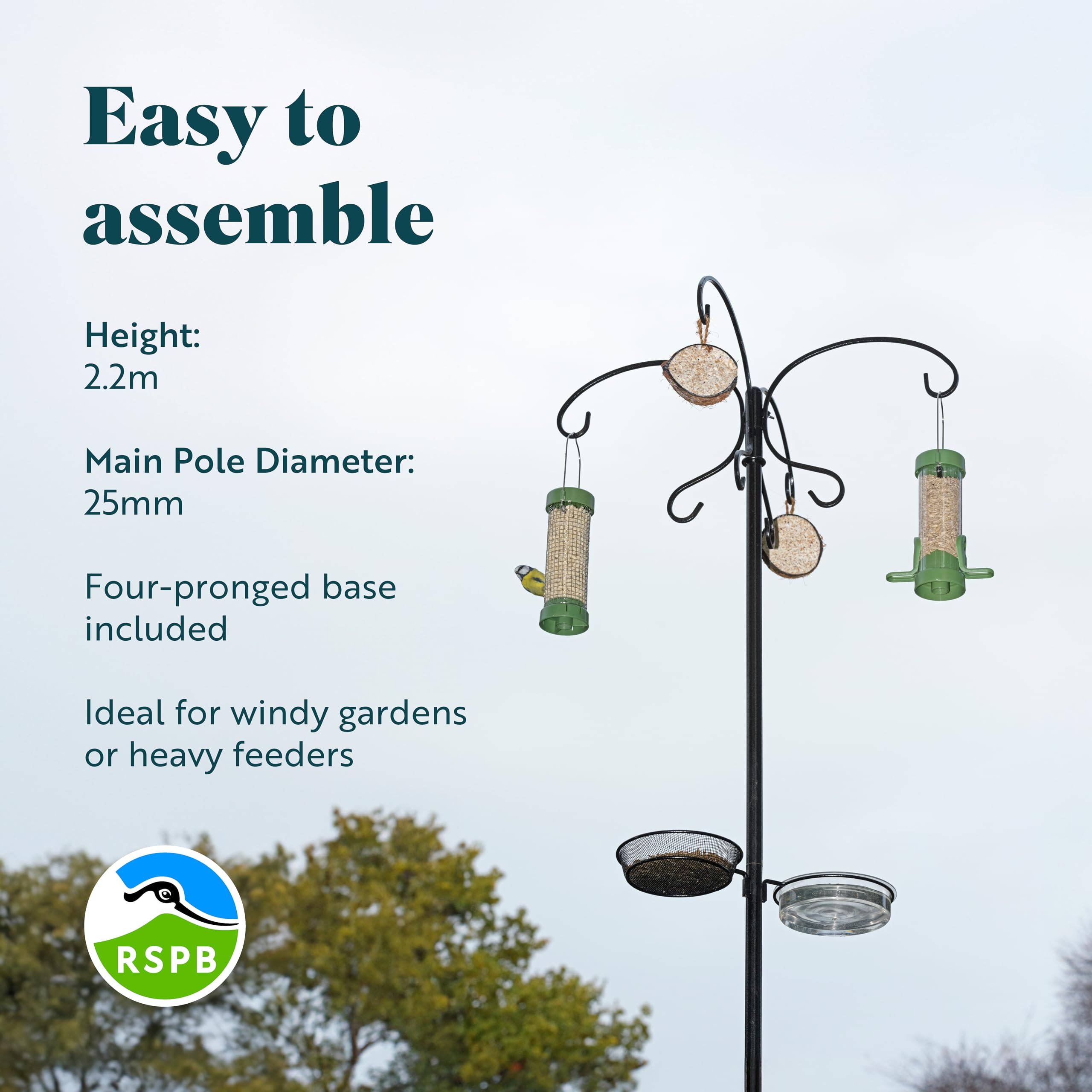 Wildvogel-Futterspender zum Aufhängen – Premium-Vogelfutterstation mit acht Haken, freistehende Metallstange für Garten und Außenbereich, inklusive Wasserschale und Futterschale (schwarz) (2,2 m x 25