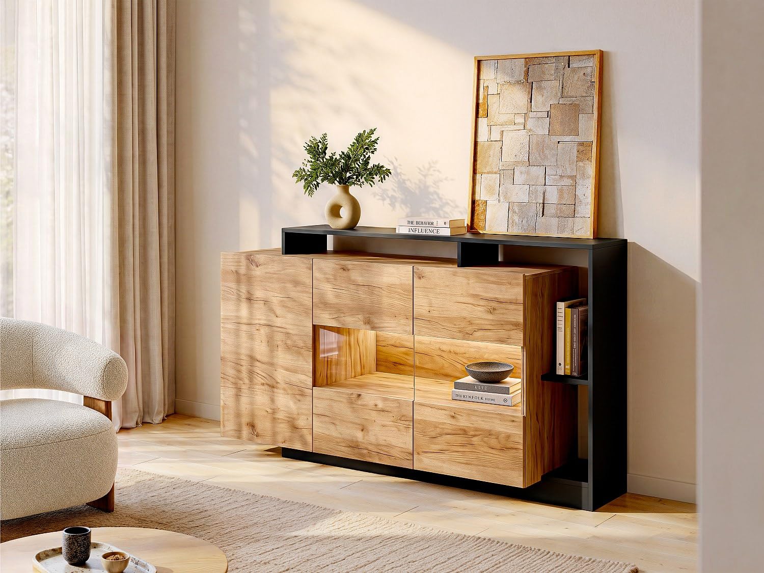 Vente-unique - Buffet 3 Portes et 3 niches avec LEDs - Coloris : Naturel et Anthracite - IDESIA