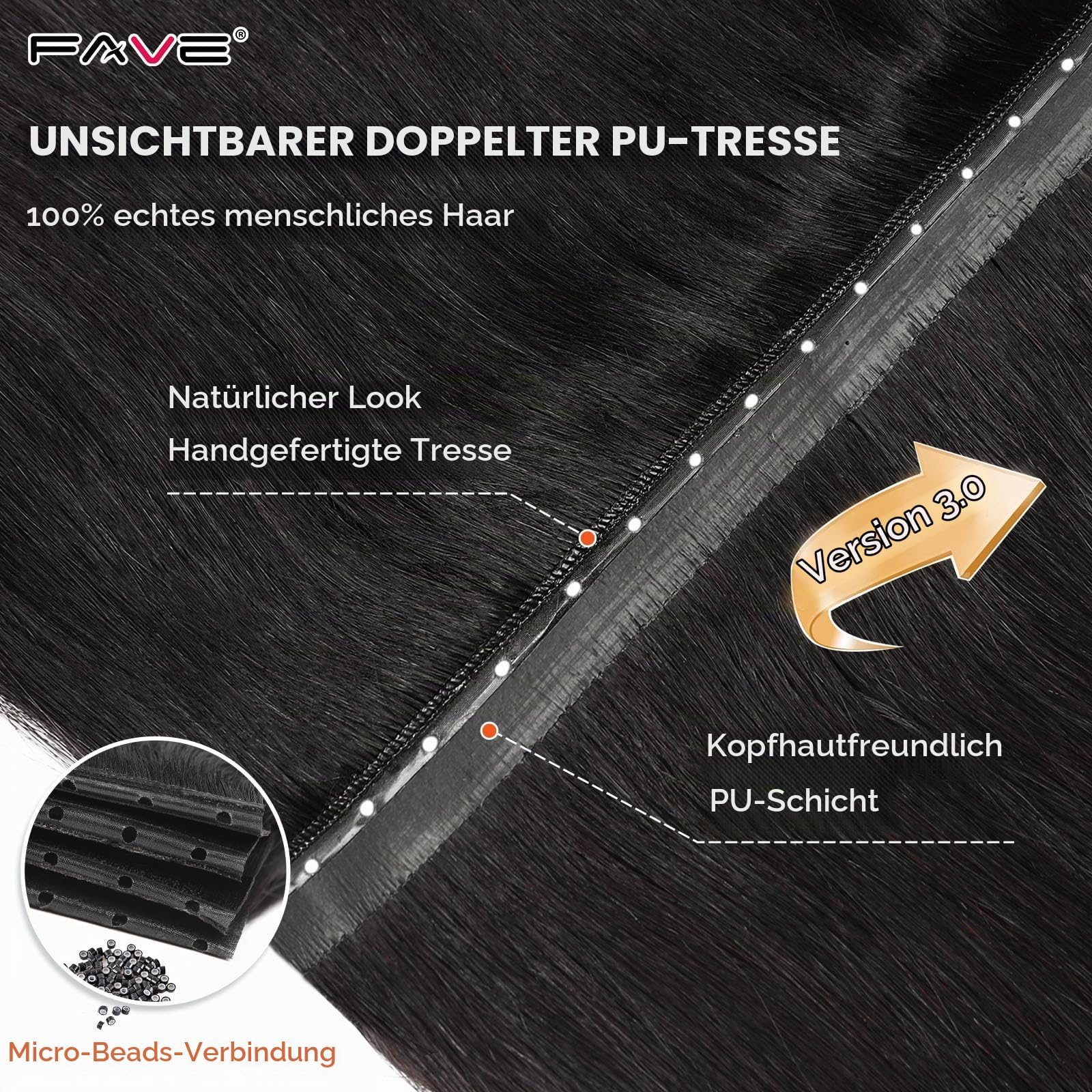 FAVE 100g Echthaar Extensions 45cm, 8-teilig, Butterfly Weft | Schwarz Natur, 100% Remy Echthaar, PU Skin Basis, Mikroperlen, Doppel-Tabs, Kleberfrei, Wiederverwendbar für Alltag, Hochzeit