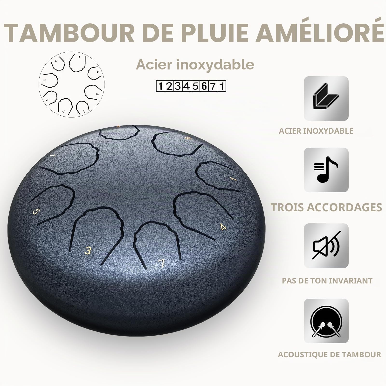 Tambour de pluie pour extérieur, 15,2 cm, 8 tons en acier, Handpan, Steel tongue drum, Convient aux débutants, Comprend une housse de transport, des partitions et des baguettes (Bleu marine, 6 Inch)