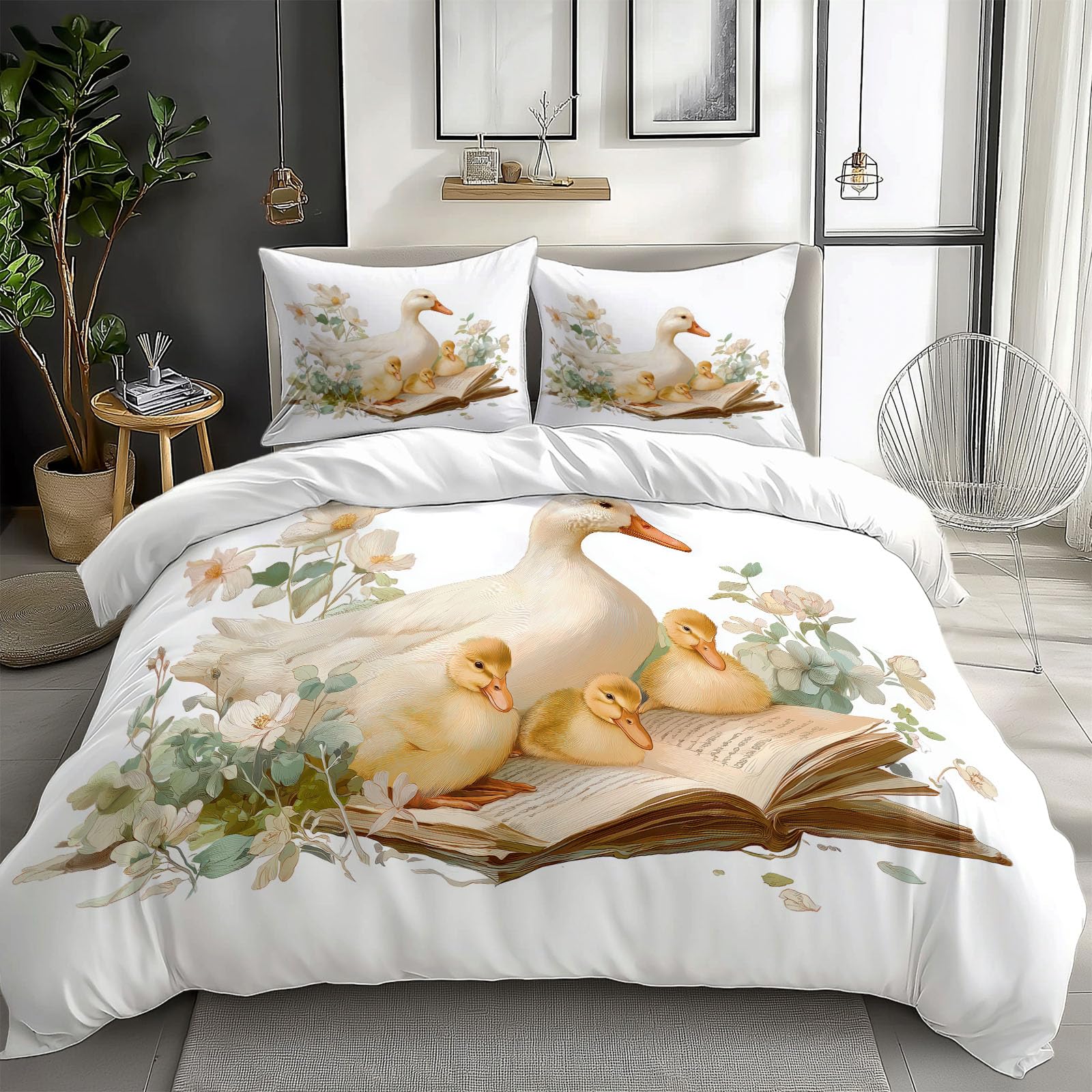 Set copripiumino matrimoniale beige, disegnato a mano, stile rurale, animali, anatre, in morbida microfibra, con chiusura a cerniera e lacci angolari, facile da pulire, set di biancheria da letto di