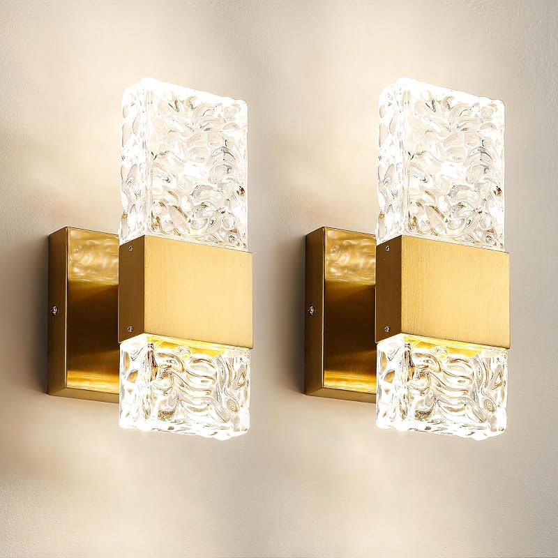 Apliques dorados Iluminación de pared - Apliques de pared de cristal Juego de dos lámparas modernas para tocador de baño Apliques de pared LED regulables modernos de 4000 K para pasillo y sala de estar