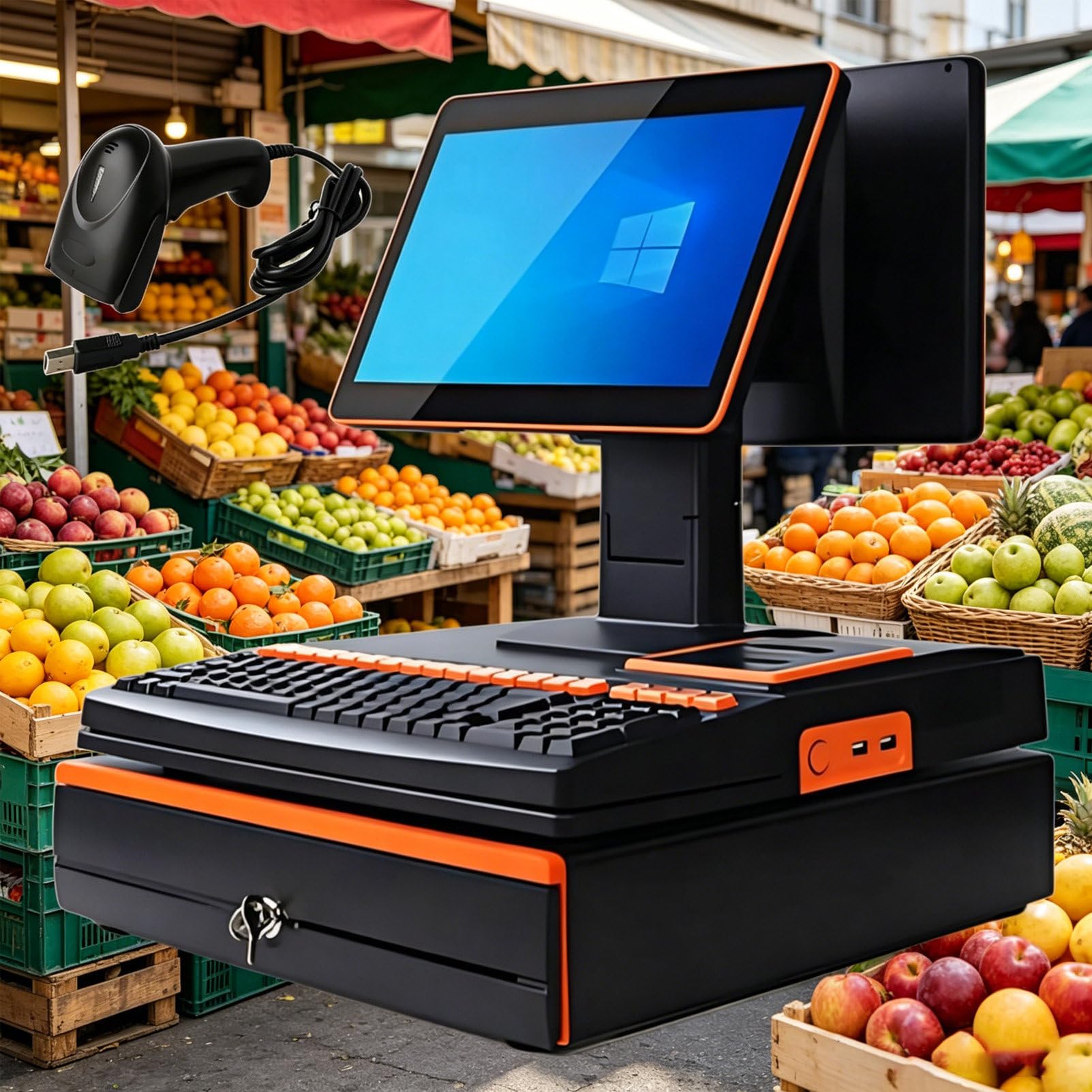 Pvxa All-in-One POS Cash Register System, 15.6" Touch Screen Dual Core 64GB, 58mm Thermal Printer Cash Drawer Barcode Scanner, for Retail Restaurant Supermarket DualScreen-Orange