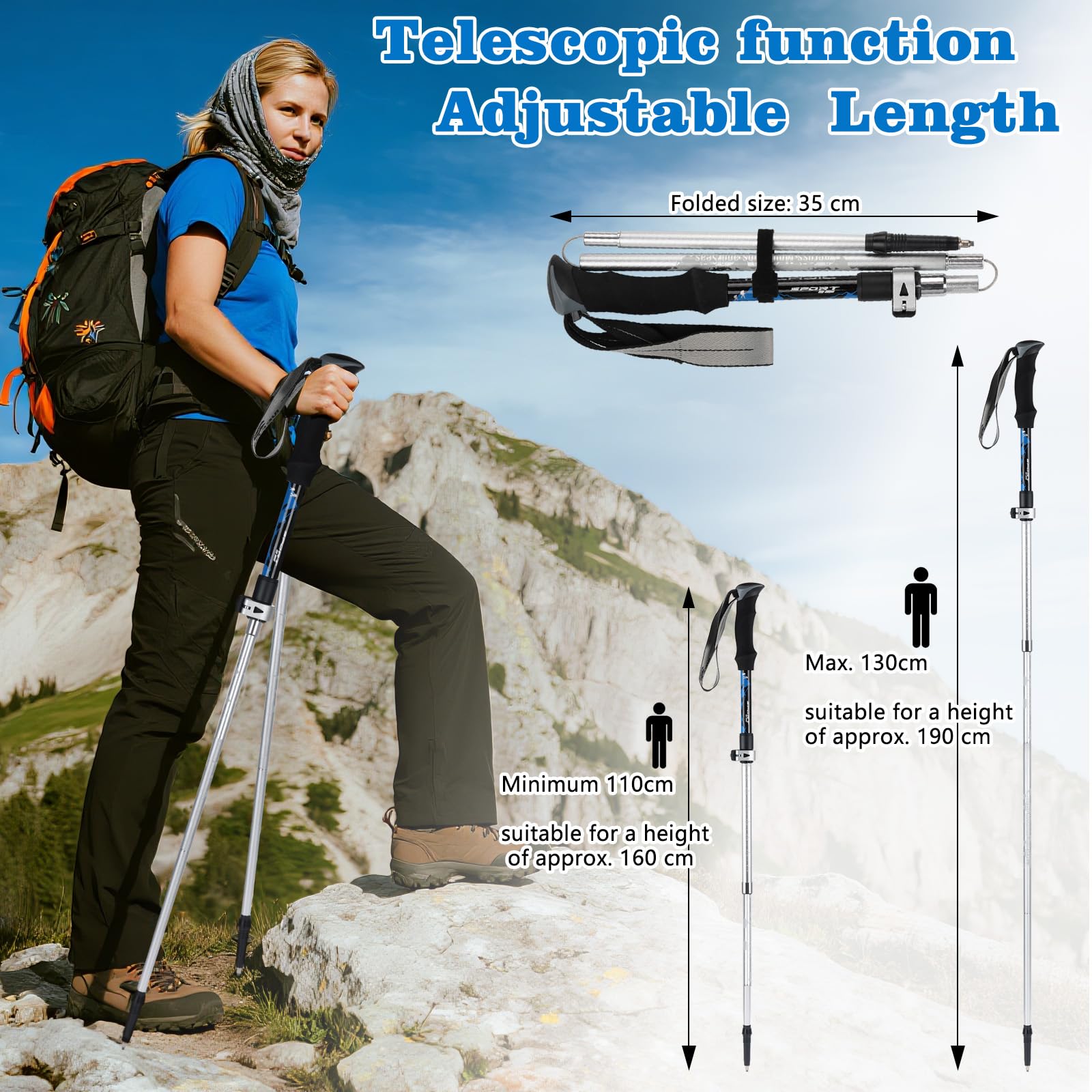 2 bastones de senderismo para hombre y mujer, bastones de senderismo de aluminio, plegables, ligeros, telescópicos, 110-125 cm, para montañismo, senderismo, esquí, trekking