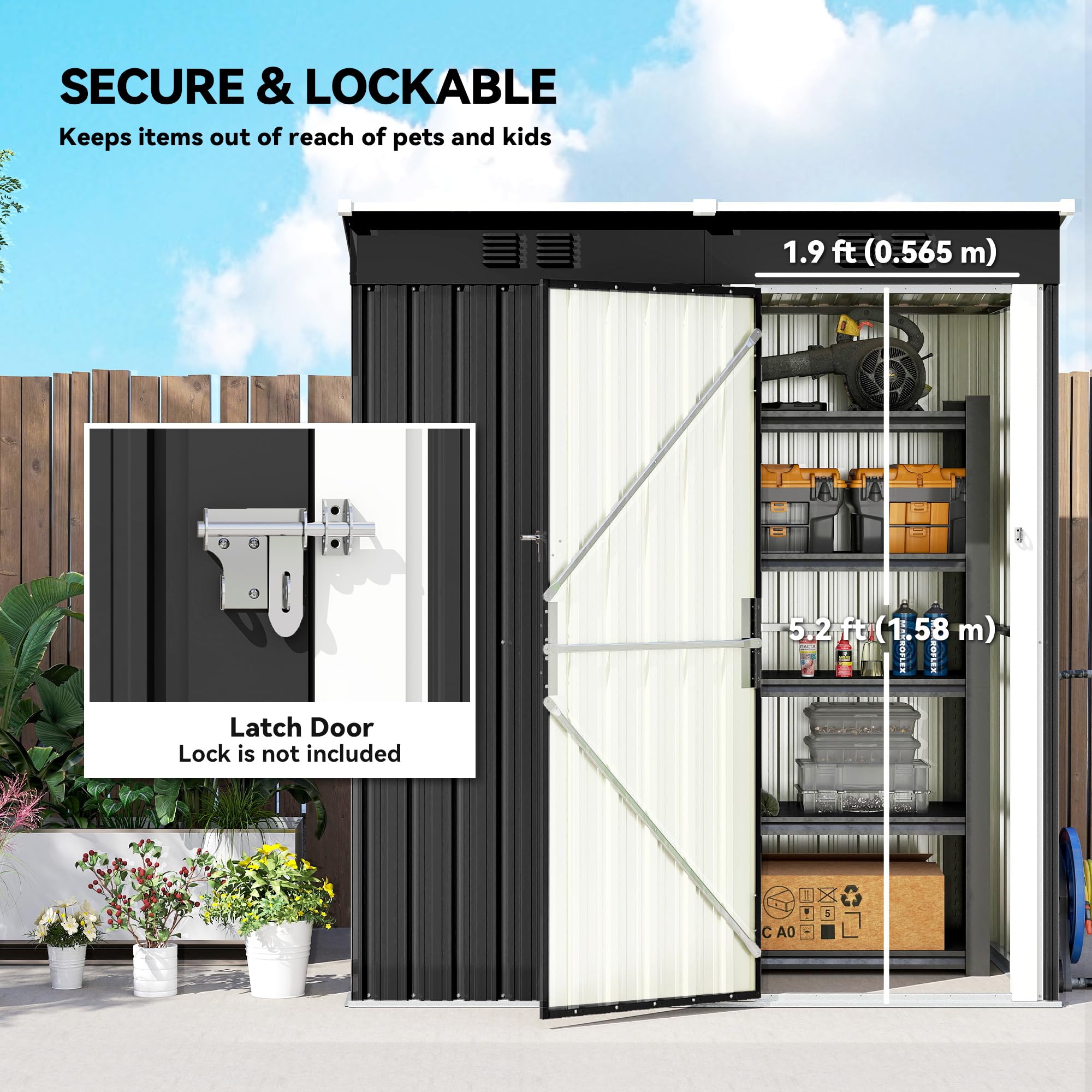 Outsunny 5 x 3 ft Lean-to Garden Shed, Outdoor Storage Shed with Lockable Door and Vents, Metal Tool Storage House for Garden and Patio, Dark Grey — view 6