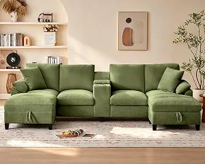 116" U-Shaped Cloud Couch, Deep Seat Sofa with Center Console, Green
