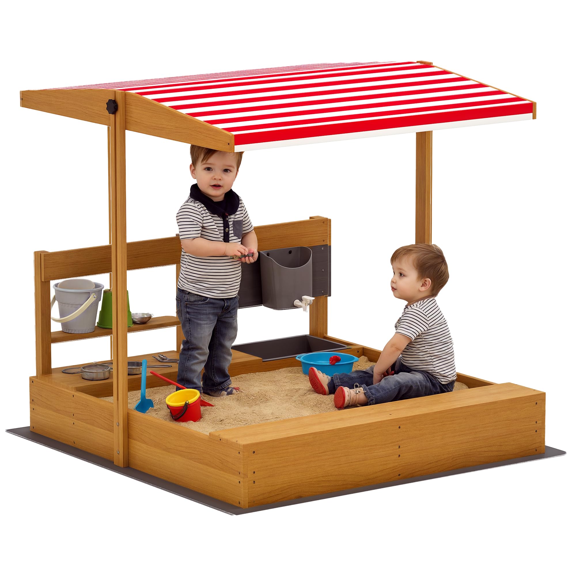 Outsunny Arenero para Niños de Madera con Techo Ajustable, Arenero Infantil con Juguetes de Cocina, Estante y 2 Asientos, Juego para Niños de 3-7 Años, para Patio, Jardín, 114x110x110 cm, Gris — view 10