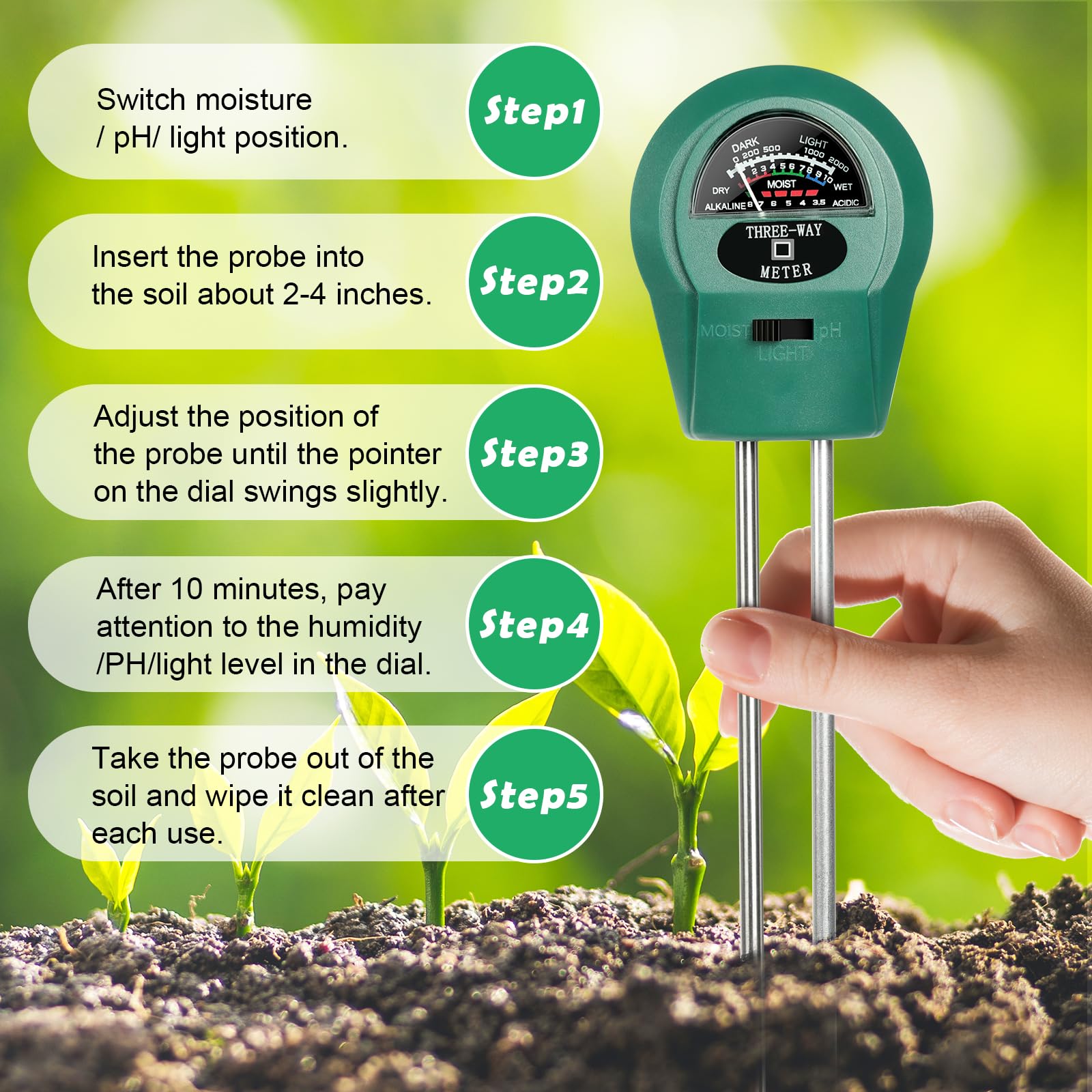 Tester Terreno 5in1 Flintronic - Misura PH, Umidità, Luce E Temperatura, Per Giardinaggio - Foto 9