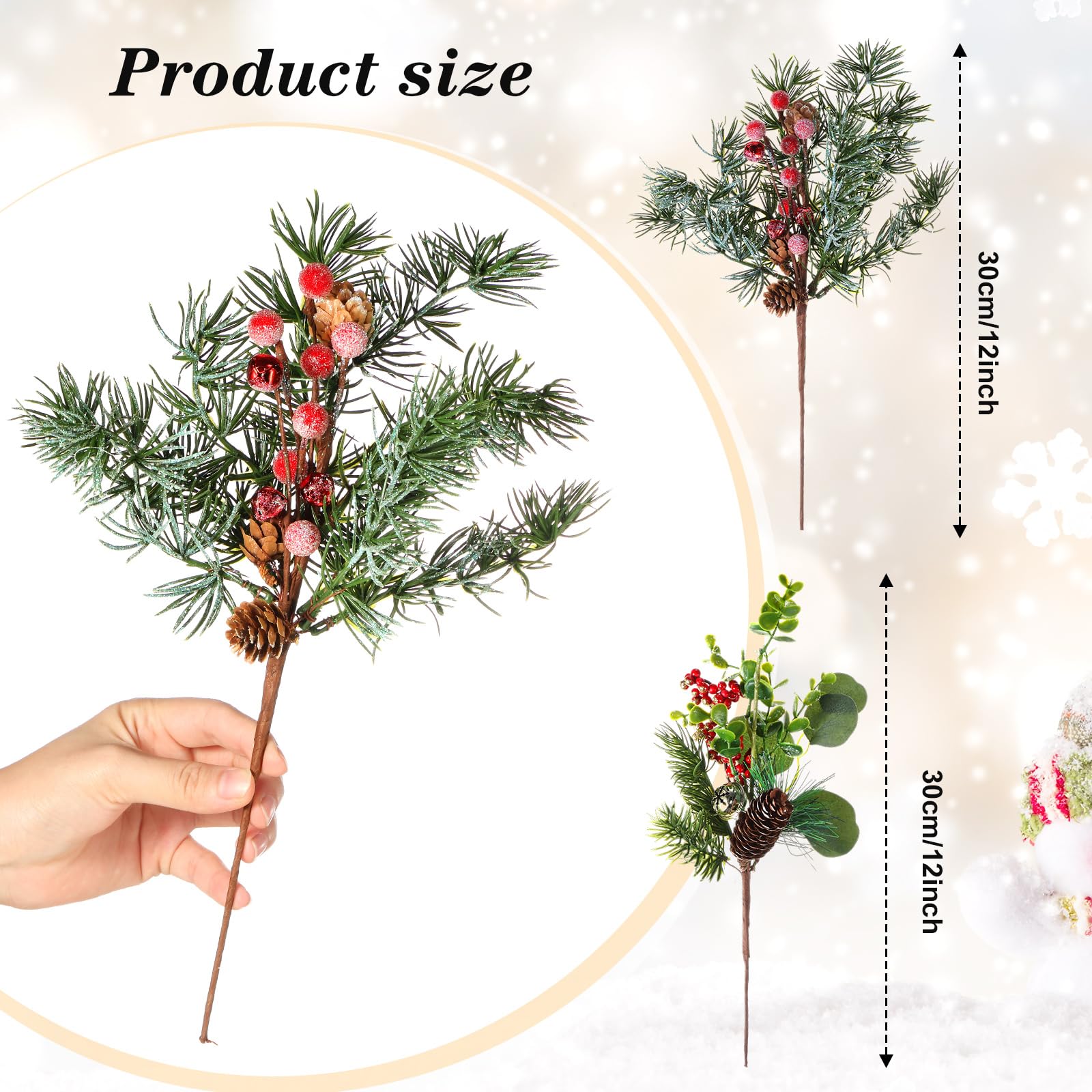 Syhood Lot de 12 pics de Noël artificiels de 30,5 cm avec branches de baies, houx, pommes de pin pour travaux manuels de Noël, décoration de vacances d'hiver
