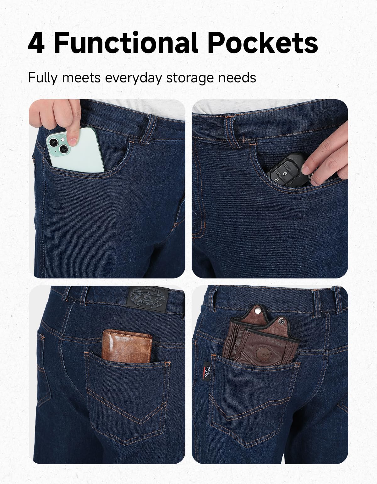 KEMIMOTO Pantaloni Moto Uomo con Protezion, Jeans Moto Elasticizzati con 4 Protezione Rimovibile CE, Traspirante Morradhose Uomo con Ginocchiere Regolabili in Velcro