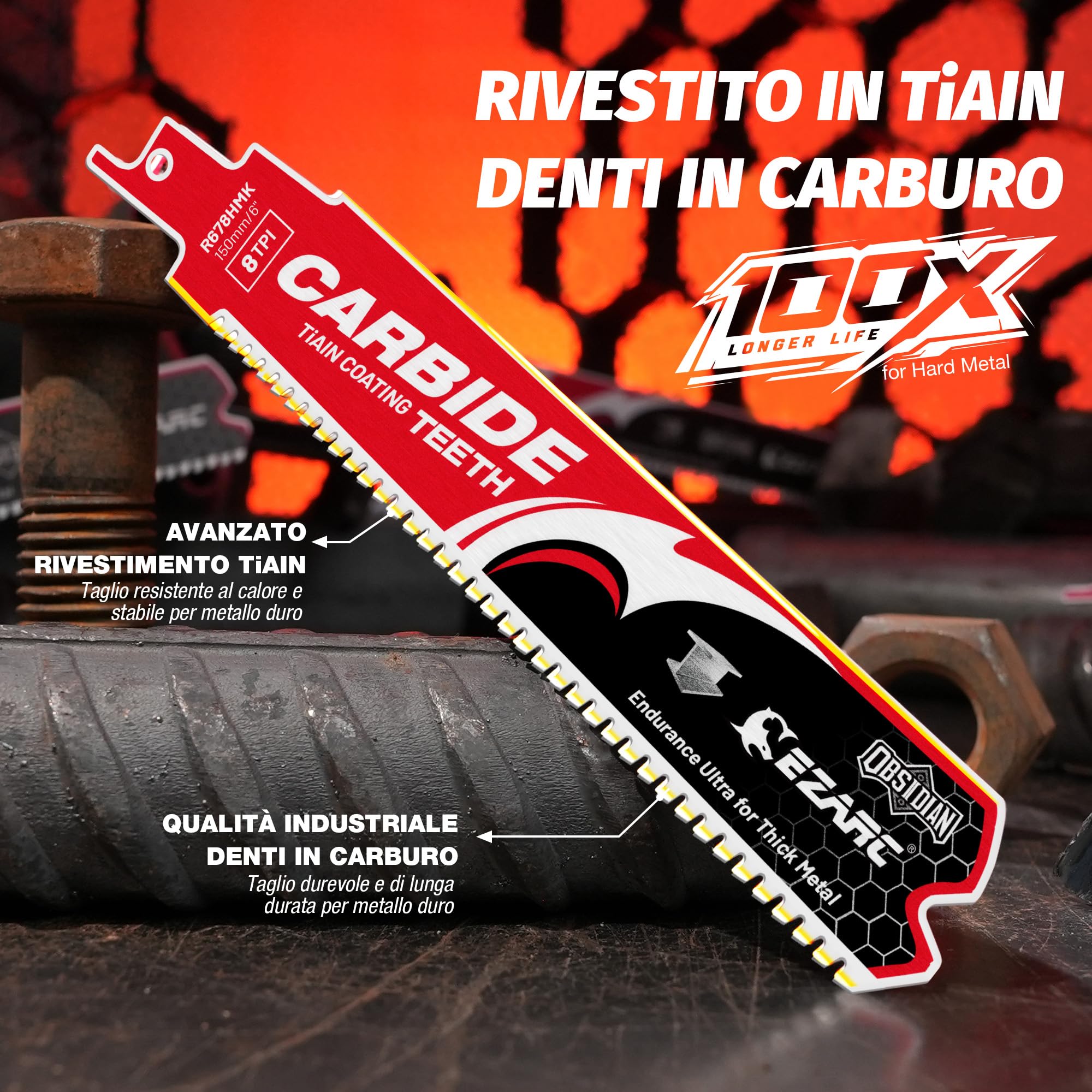 EZARC Lama per sega alternativa in carburo di ossidiana (Pro) R678HMK 8TPI Endurance Ultra per metalli spessi, ghisa, acciaio legato, 225mm, confezione da 3