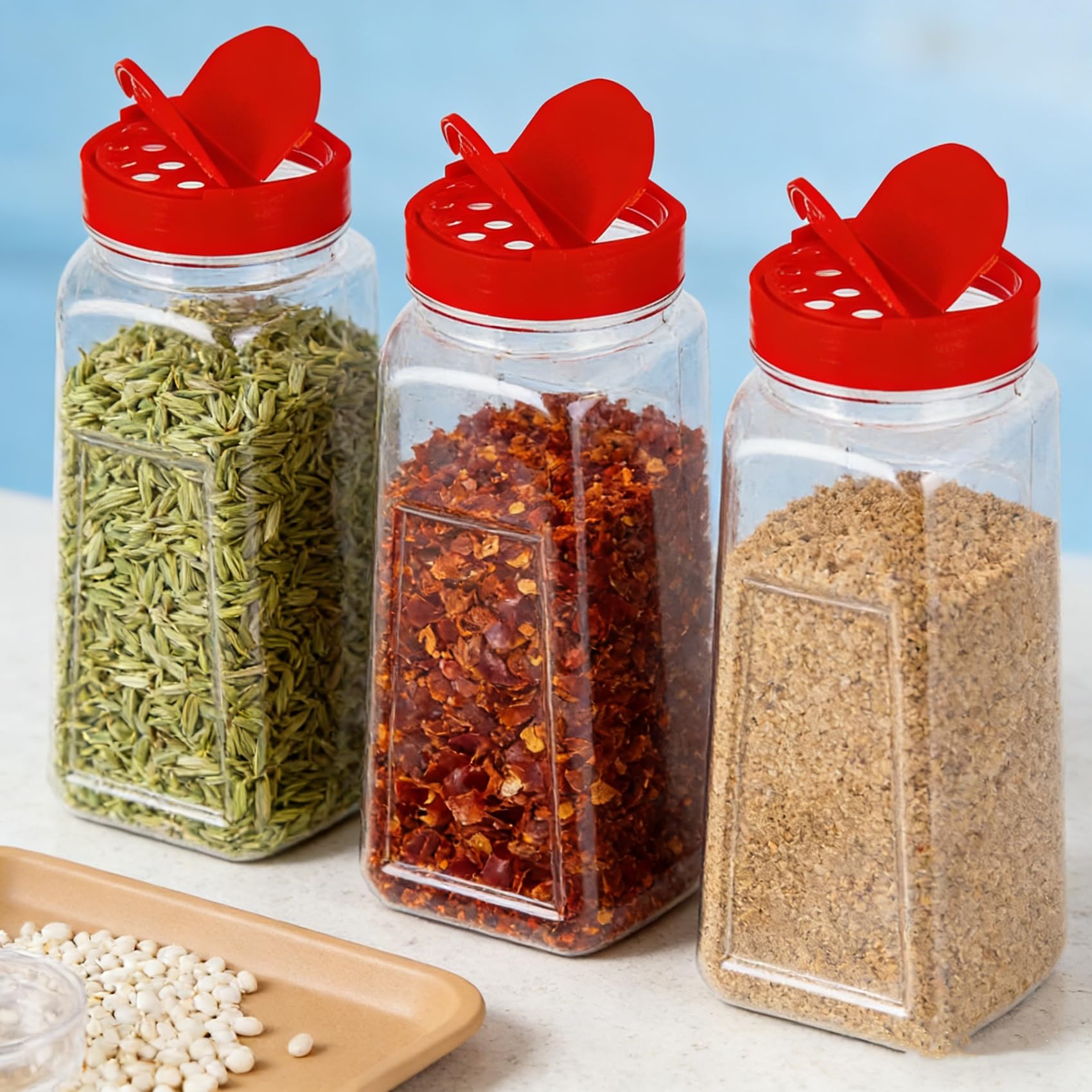 Yopay 8 dużych słoików na przyprawy, 960 ml, plastikowy pojemnik na przyprawy z czerwoną podwójną pokrywką do przechowywania ziół, proszków, pojemniki do przechowywania ogólnego użytku, nie zaleca się