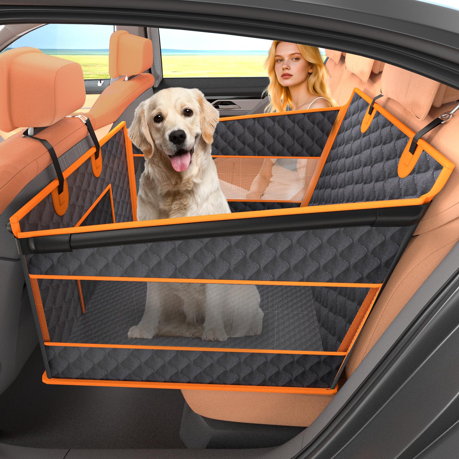 Instraella Dog Car Seat for Large Dogs, Back Seat Extender for Dogs, Foldable Pet Car Seat with Waterproof Oxford Fabric and Non-Slip Bottom,