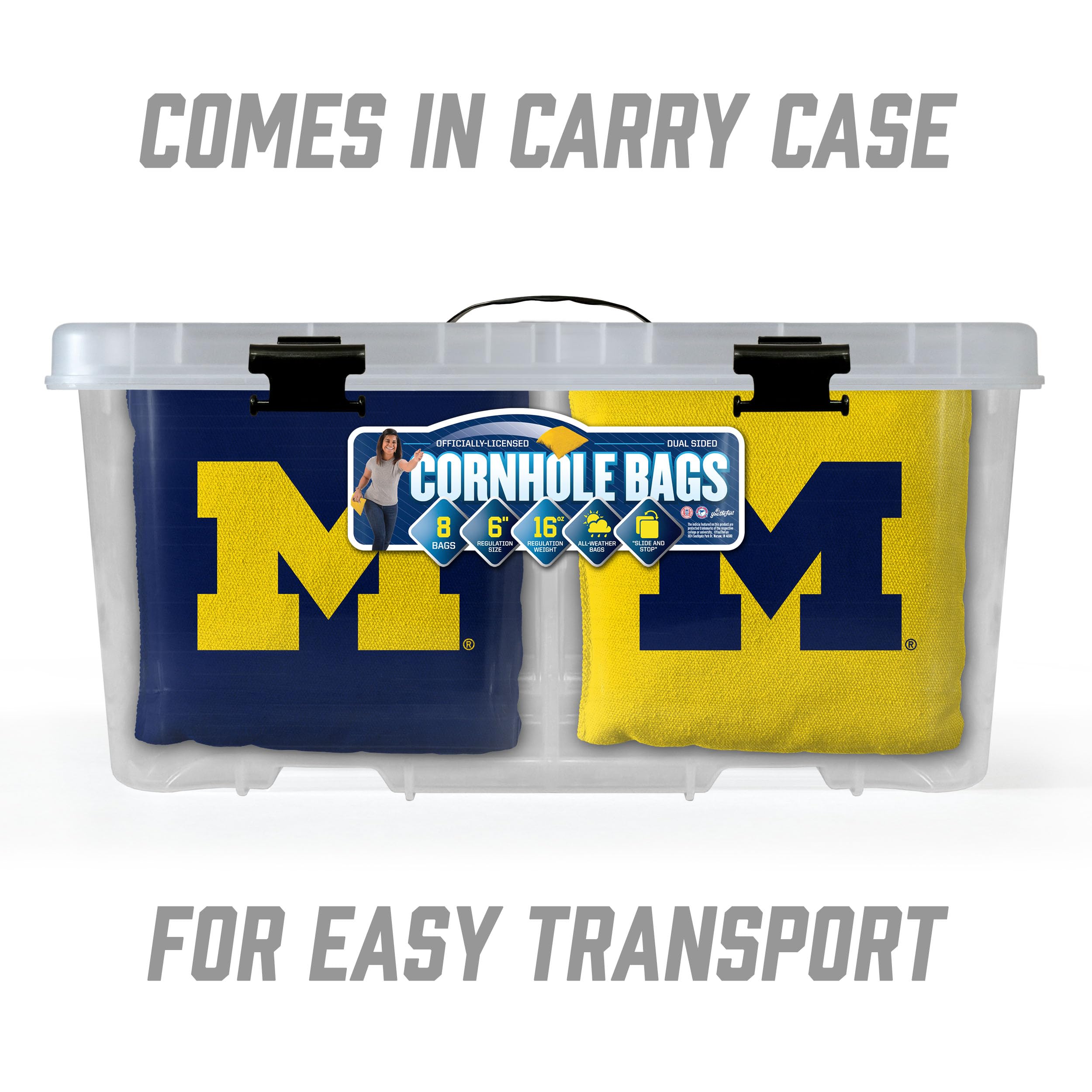YouTheFan NCAA Set mit 8 Cornhole Bags – Allwetter-doppelseitiges Slide & Stop – reguläre Größe mit Tragetasche