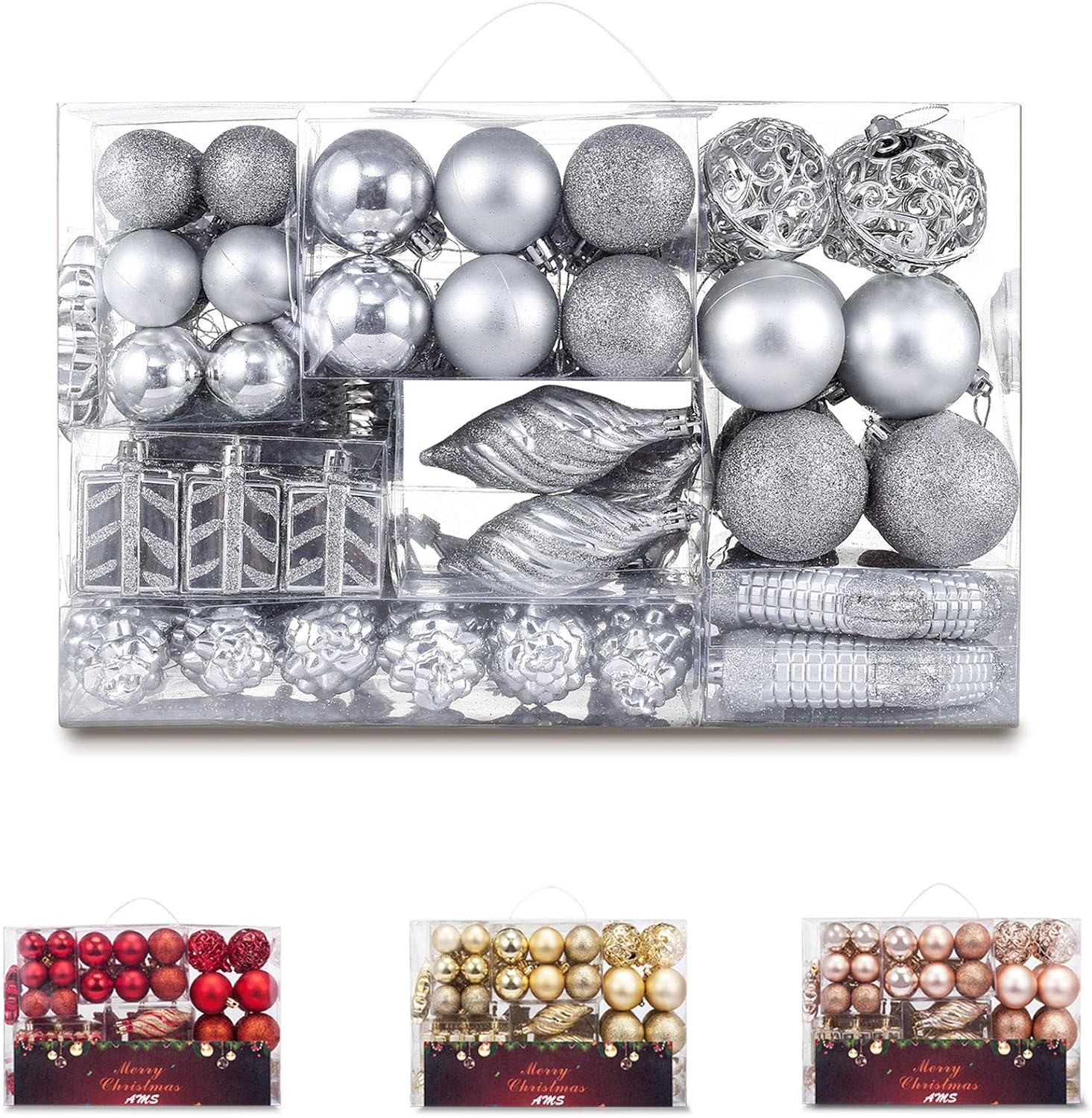 ams 90ct christmas ball assorted pendants shatterproof tree ornaments seasonal decorations in a reusable hand-help gift box ideal for holiday and party (silver, 90ct) silver 