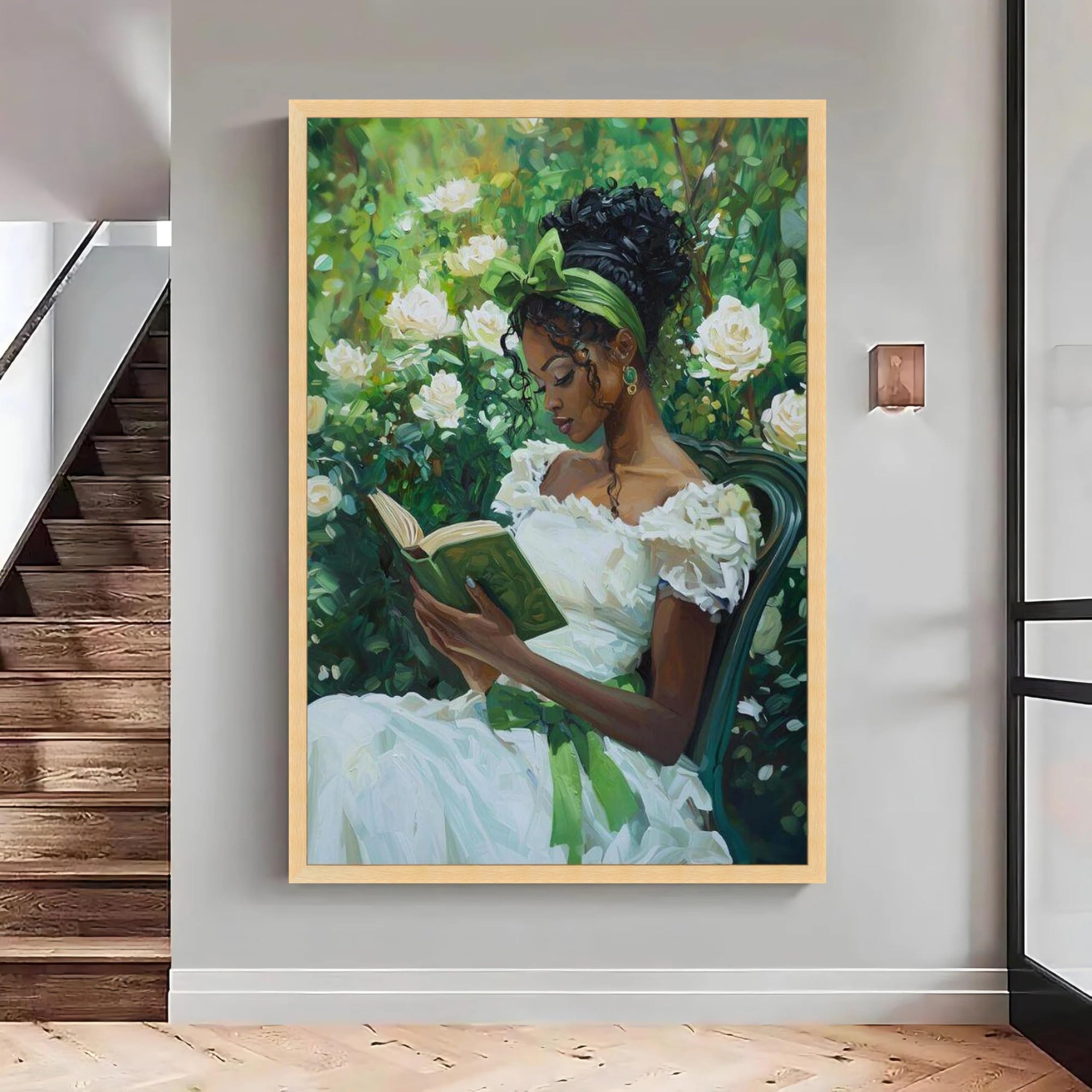 XINBAO Obraz na płótnie z kobietą czytającą, kwiatowa grafika na ścianę, duże płótno, dekoracja ścienna do domu (80 x 120 cm/bez ramy)