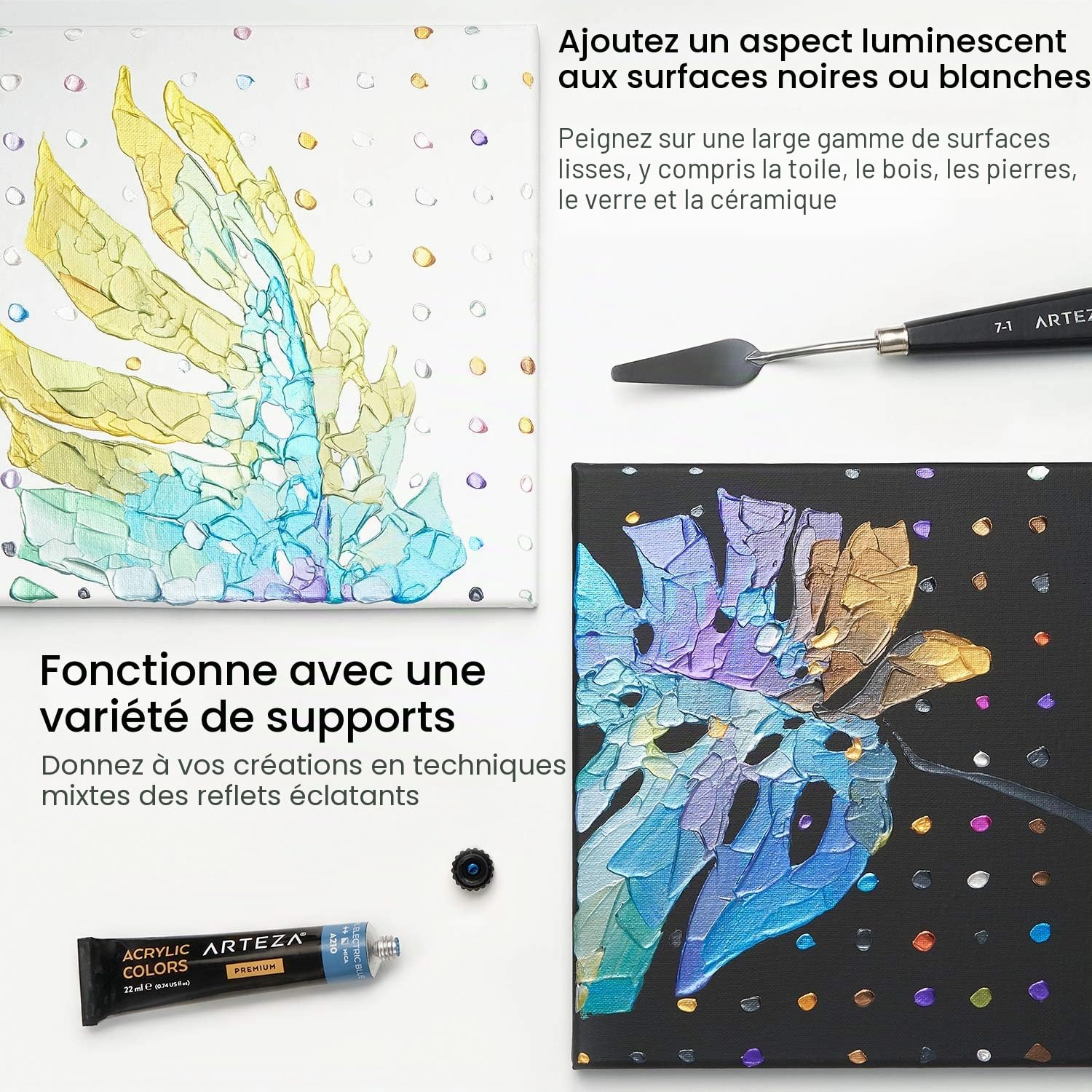 ARTEZA Peinture Acrylique métallisé, 36 Couleurs (tubes de 22 ml) Boîte de rangement, Pigments riches, Peintures non décolorantes non toxiques pour artistes enfants, peindre sur toile