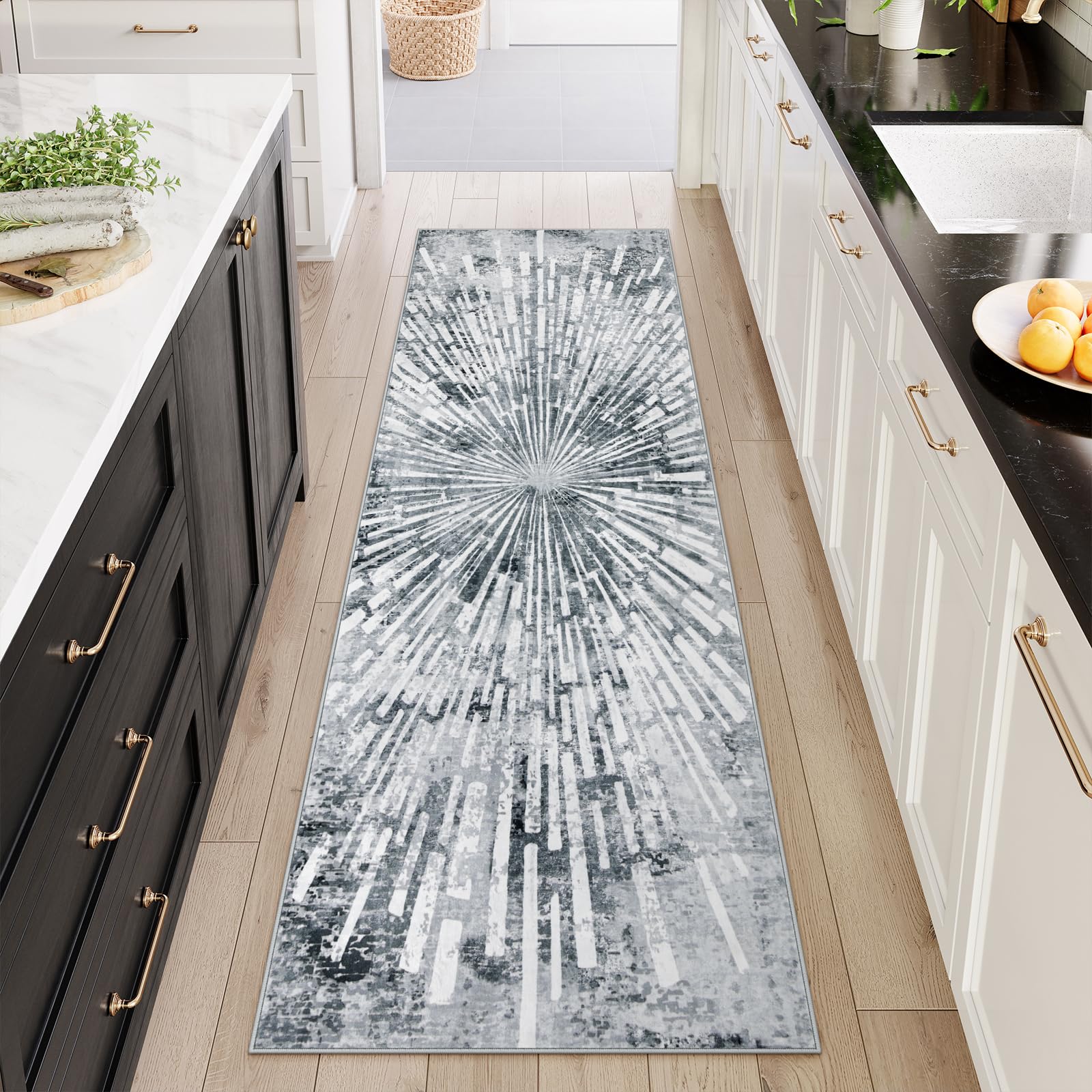 Lahome Manon Grey Hallway Runner Rug 2.5x8, Non Slip Rug Runners for Hallway, Low Pile Modern Kitchen Runner Washable Abstract Soft Carpet Runner for
