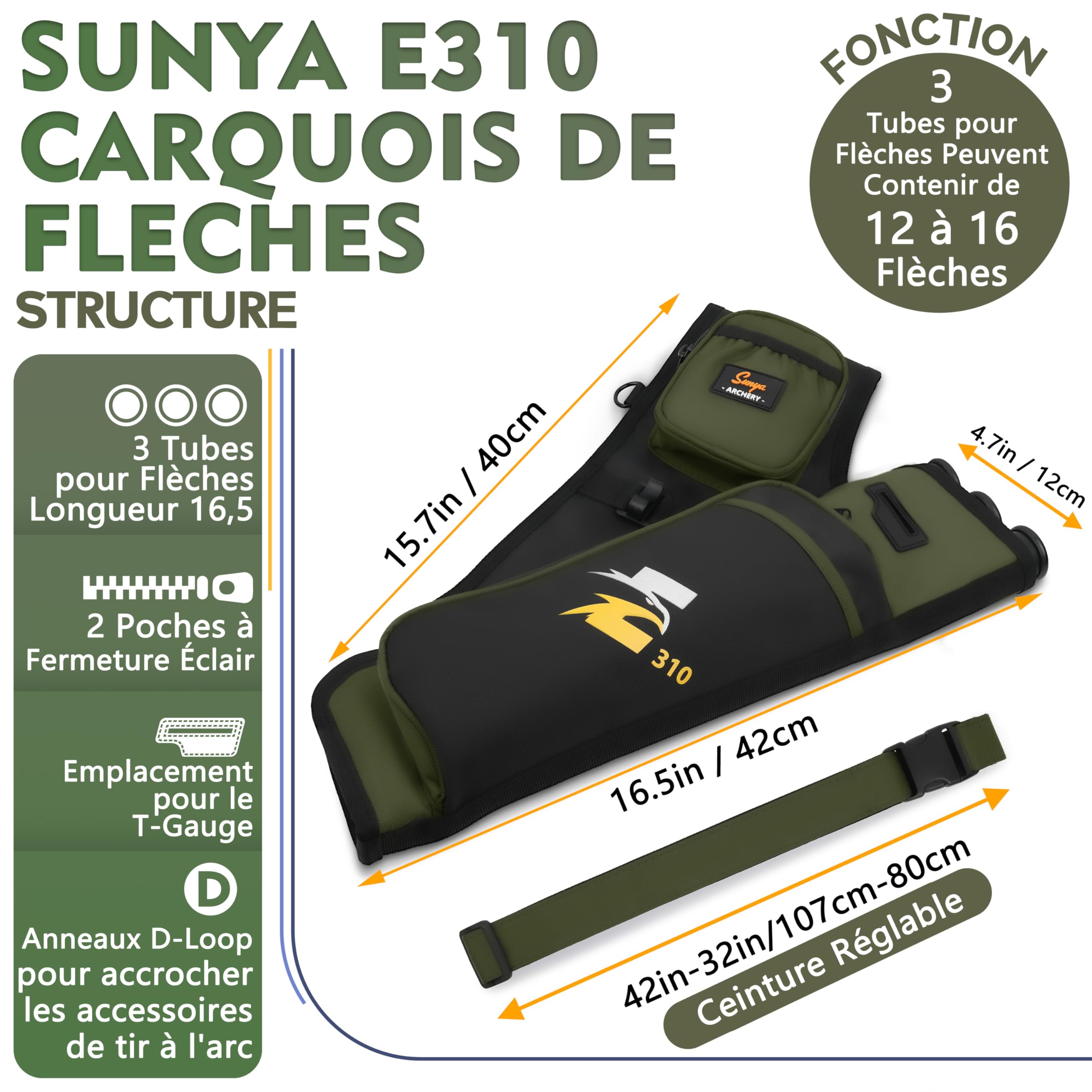Sunya Carquois de flèche de tir à l'arc. Comprend des Poches pour Languette et libération et Une Ceinture en Nylon réglable. Convient pour la Pratique de l'arc à poulies et de l'arc Classique - 2