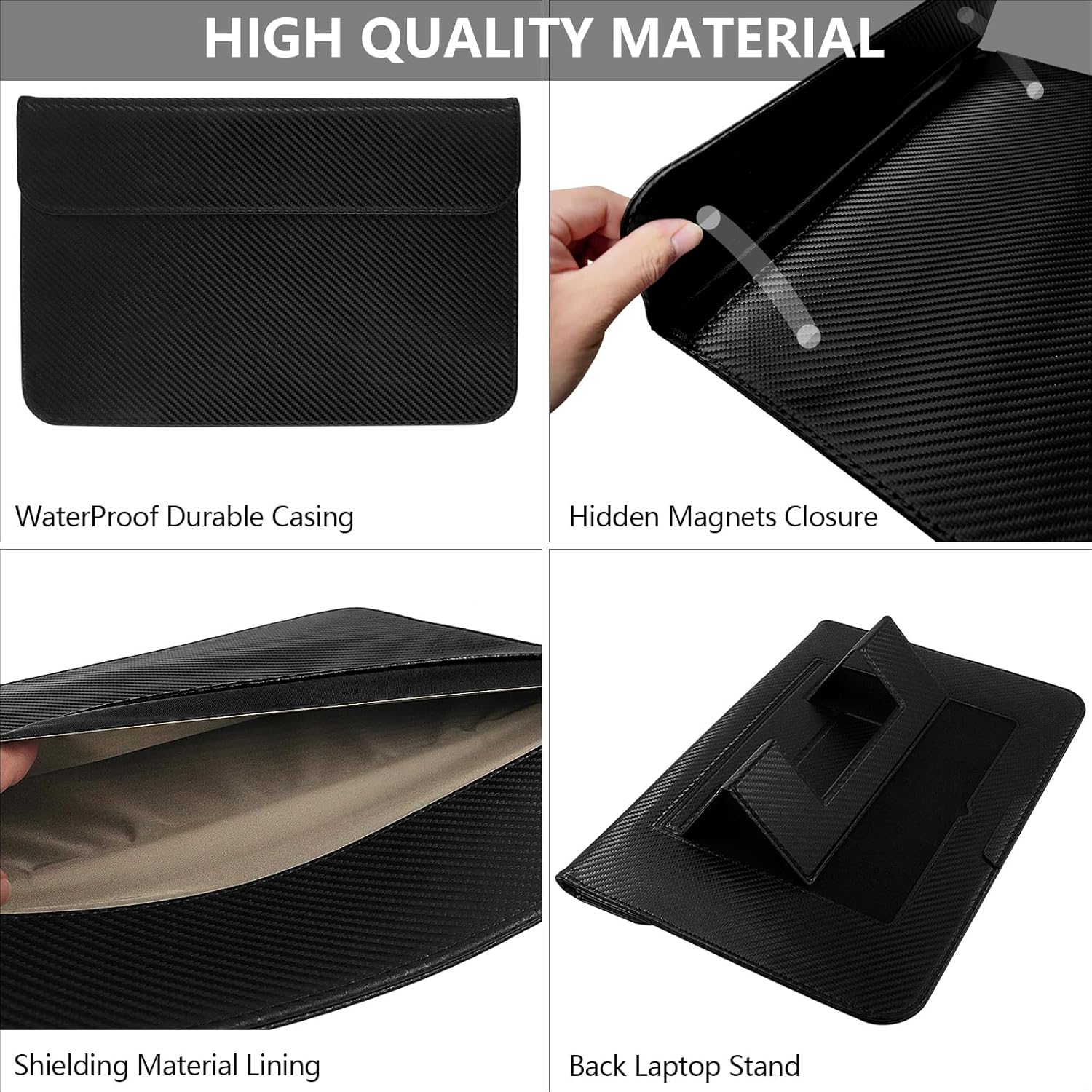 JXE JXO Faraday Bag for Laptops & Tablets, 16 Inch Laptop Sleeve Case with Laptop Stand, 2 Stand Modes, Slim Waterproof PU Leather Sleeve Cover Anti-Tracking Signal Blocking Pouch, Black