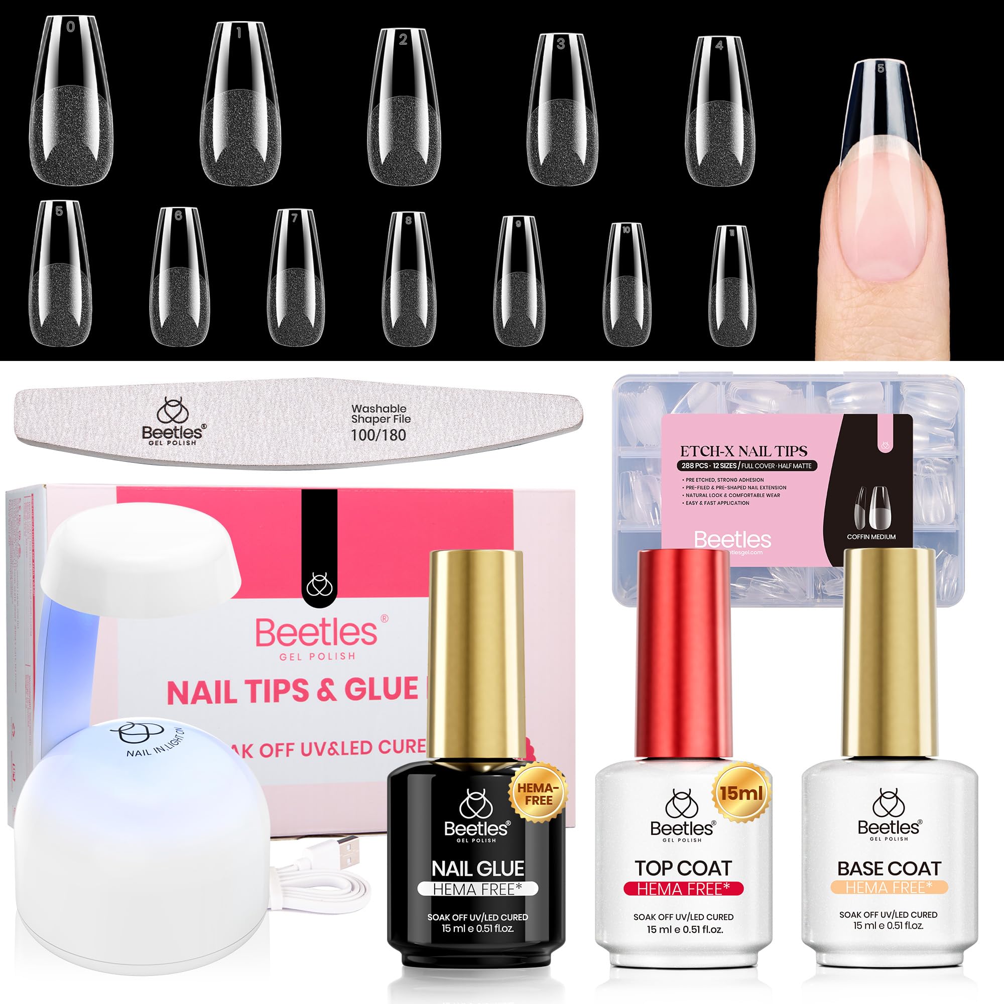 Beetles Gel Polish Beetles Gel Nail Kit with Mini Nail Lamp Etch-X, Coffin Medium Nail Tips