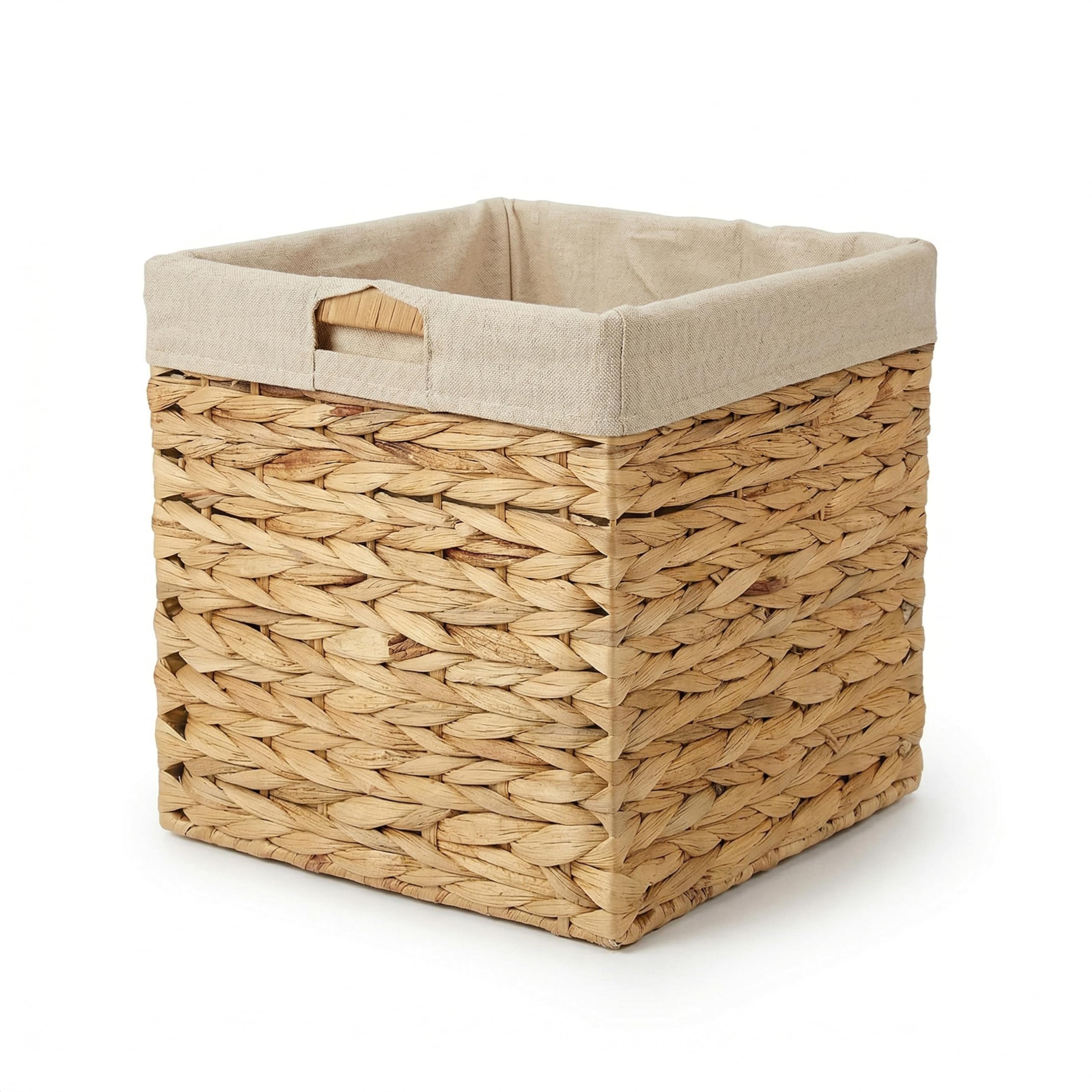 Wickerfield Water Hyacinth Storage Baskets with Handle & Lining, Woven KALLAX Storage Boxes, Square Woven Basket for Shelves, Wicker Cube Nursery Baby Storage Basket Bedroom