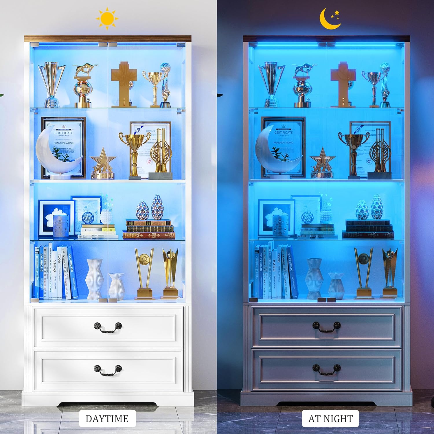 FREDEES Display Cabinet with Glass Doors,67" Adjustable Display Shelf with 2 Drawers and 4 Tier Curio Cabinet,Tall Bookcase with 3 Color Lights and Human Body Sensor for Toys,Books（White）