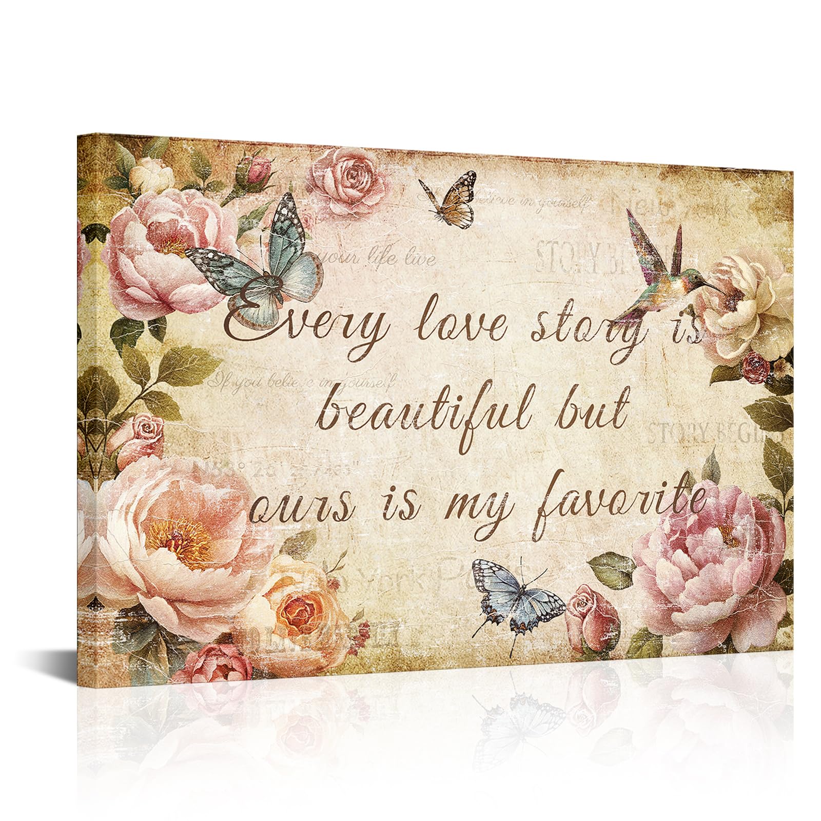 SkenoArt Vintage Floral Canvas Wall Art with Romantic Quotes Every Love Story is Beautiful but Ours is My Favorite Wall Decor Pink Flower Rose Picture