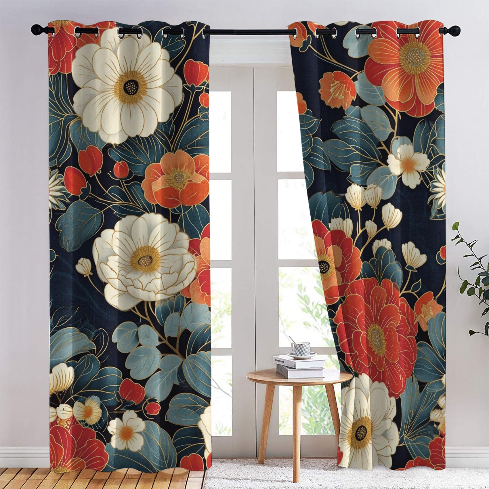 Rideau Occultant Bohème Floral, Fleur Bohème Motif Rideaux Thermiques à Oeillets, Rideaux Imprimé pour Salon Chambre Fenetre Moderne Décoration, 140x240 cm (L x H), Lot de 2