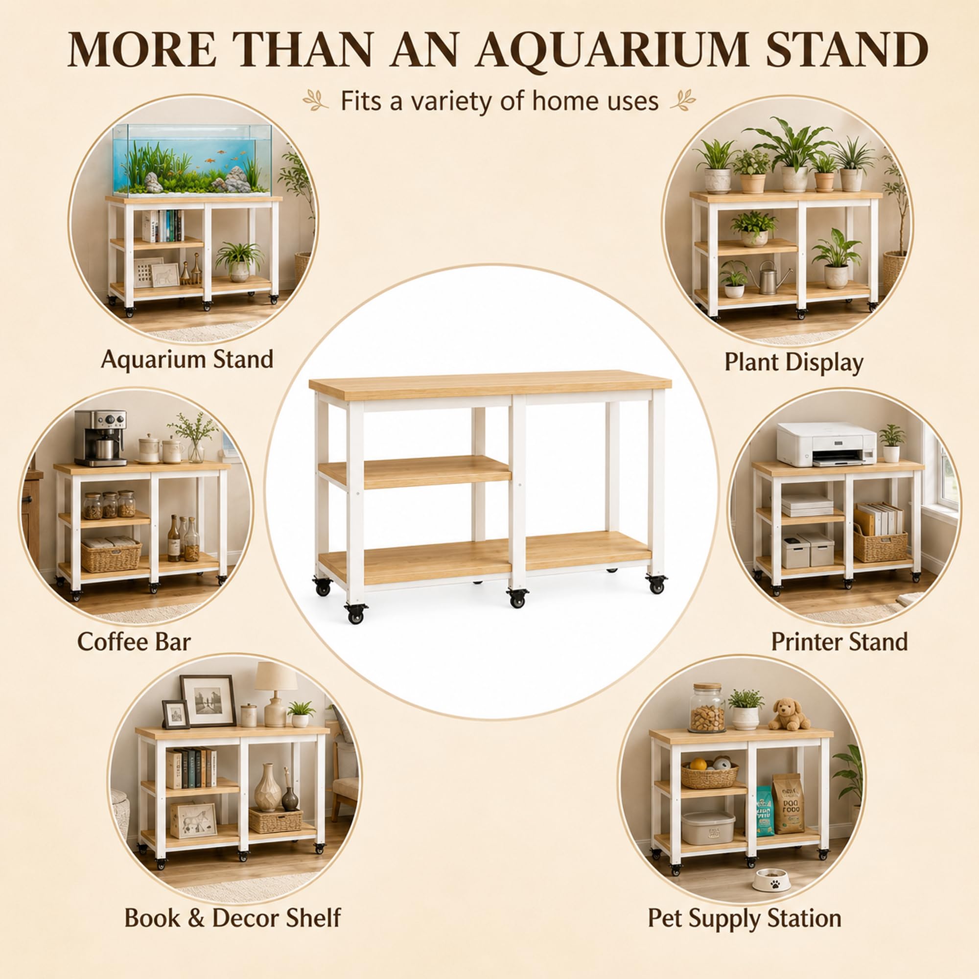 Supporto Acquario con Ripiani, 300 kg, Mobile Acquario con 6 Ruote