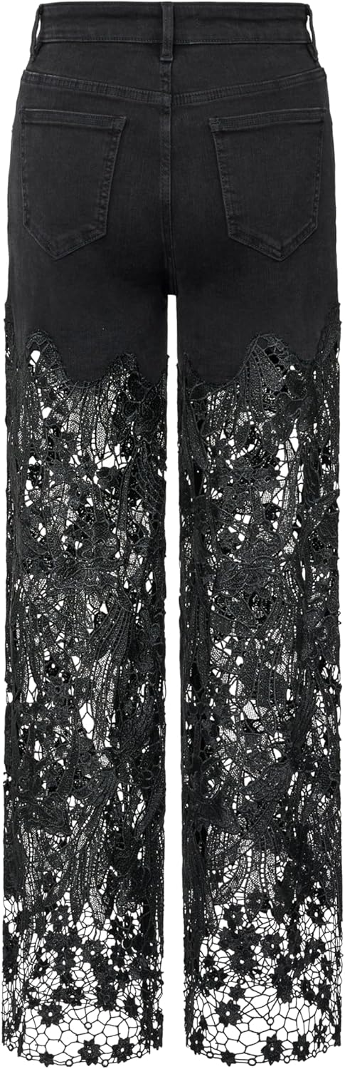 JW PEI Women's Embroidery High Rise Wide Leg Lace Denim Jeans with Rhinestone - Image 3