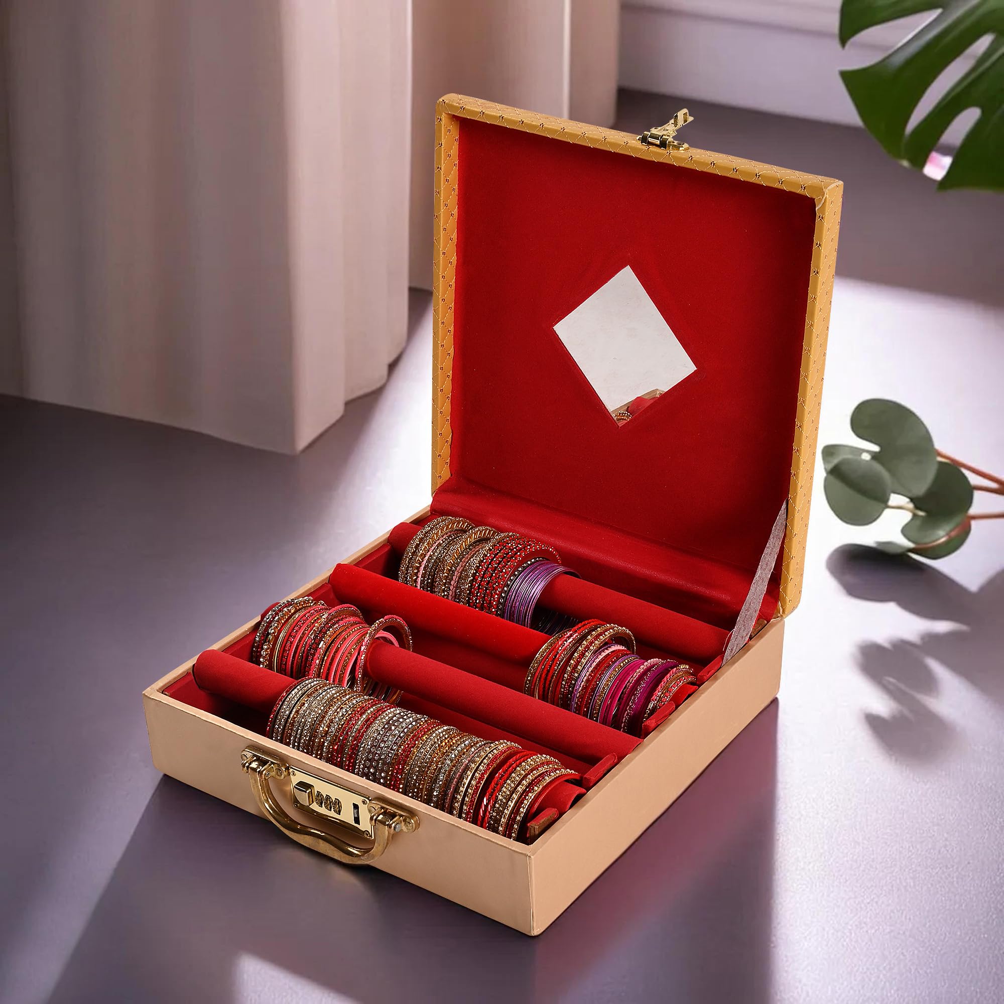 Kuber Industries Jewelry Bangle Box | Jewellery Case Organizer (4 Rod) Bangles Box for Women | Leather Jewelry Box | Storage Organizer | Watch Organizer (Check Design) Golden (B0D818G3YB) Amazon Price History, Amazon Price Tracker