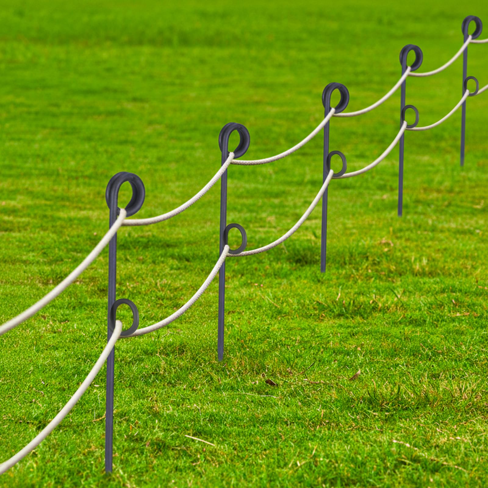 morningro 12 pcs 42'' double rope stakes black steel poles/stakes with loop fence poles for creating a rope border around flower beds, trees, gardens, walkways