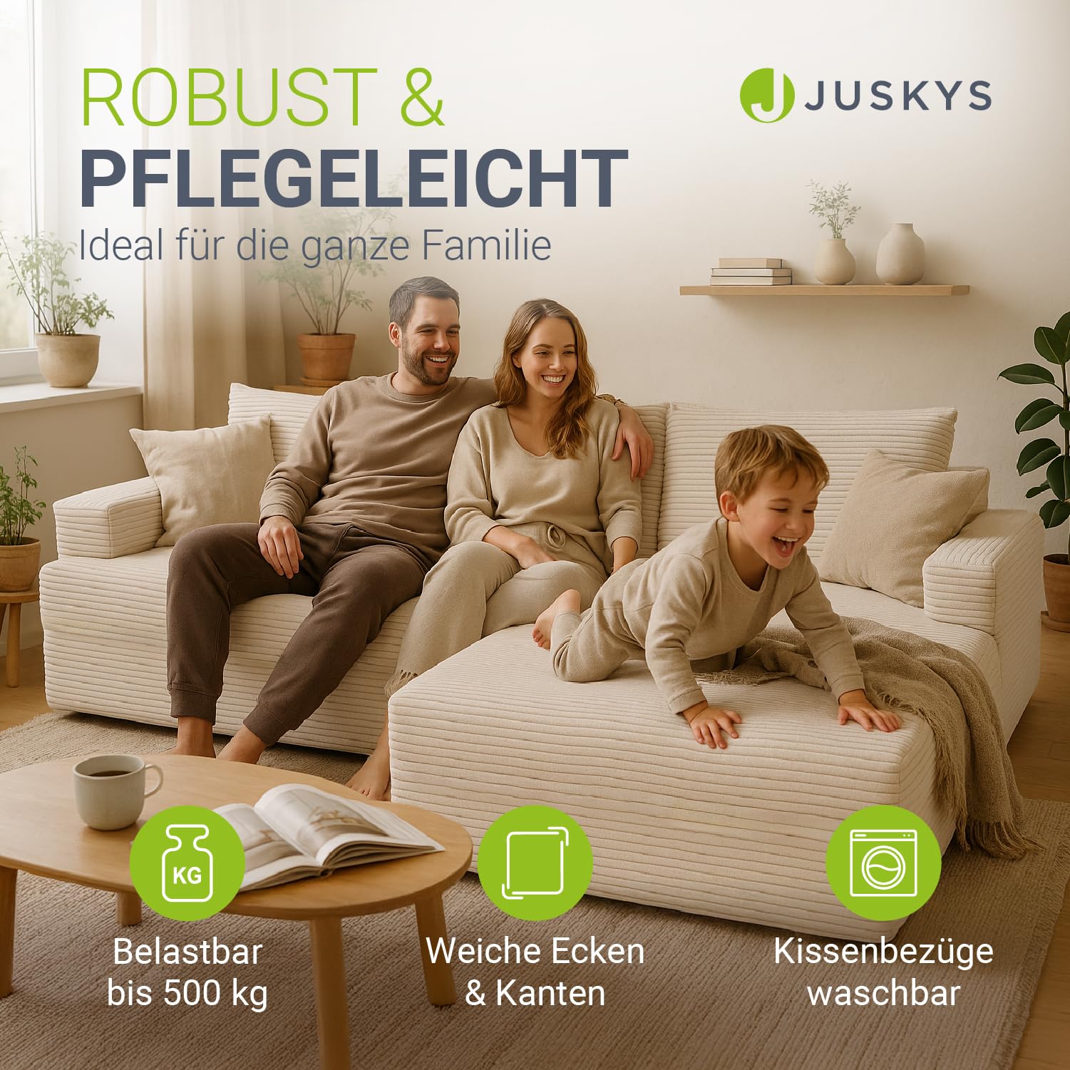 Juskys Sofa Coredo - modernes Cord Sofa mit Ottomane rechts, gemütliche Couch mit Schaumstoffpolsterung, Cordbezug & Kissen, modular - Creme