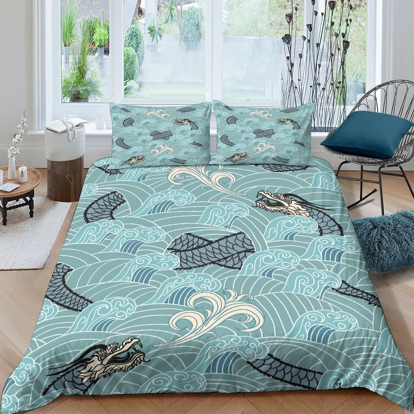 Ctjqhvkz Style-5 3D Printed Japanese Koi Wave Fitted Sheet Microfiber Soft Teal Art Mattress Cover For Bedroom Dorm Decor Single（135X200cm）