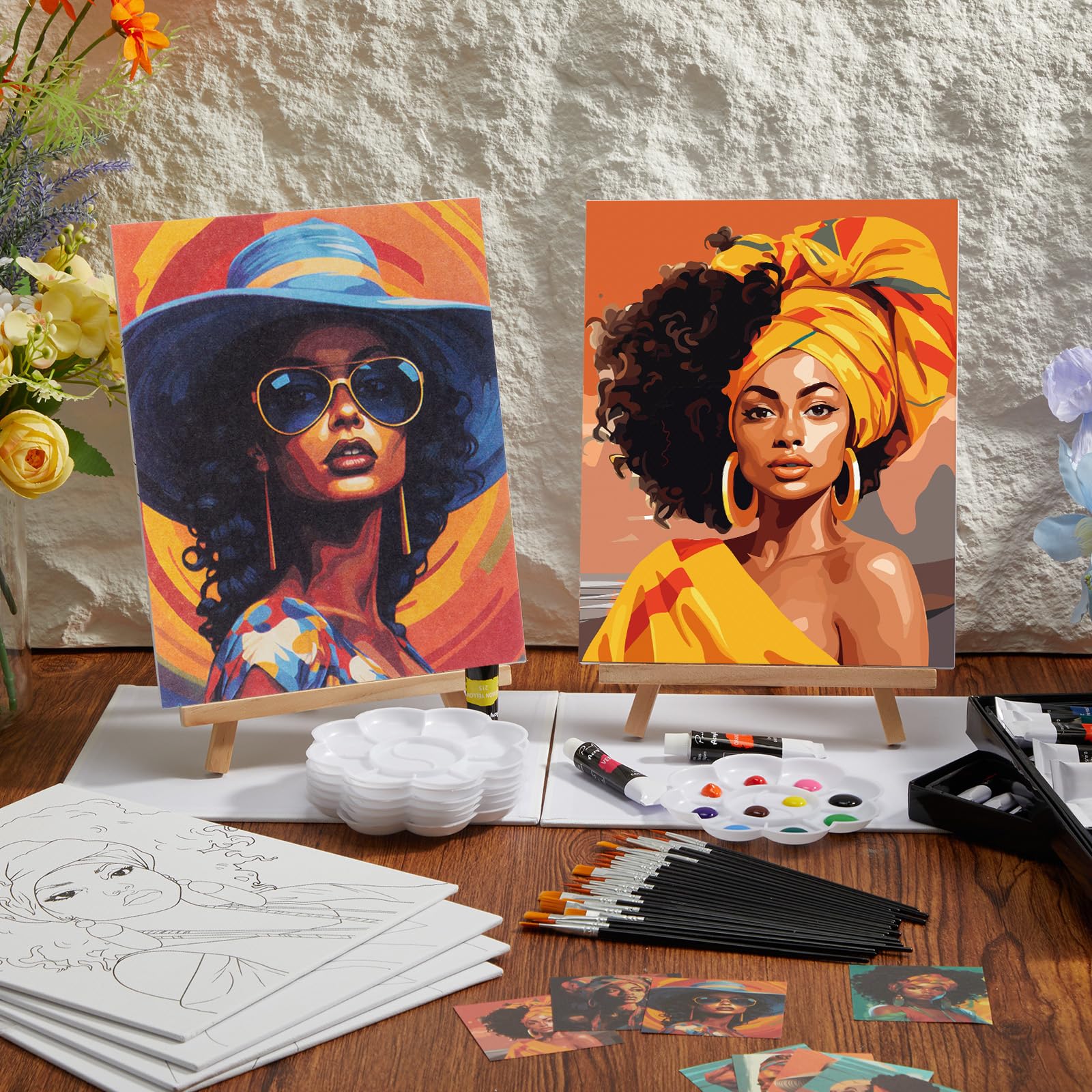 Cholemy Mal- und Trinkset für Erwachsene, 20,3 x 25,4 cm, vorgezeichnete Leinwand zum Malen, DIY, Afro-Acryl-Malset, Holzstaffelei-Pinsel, Datums-Nacht, Großpackung für Vatertag, Party, Geschenke