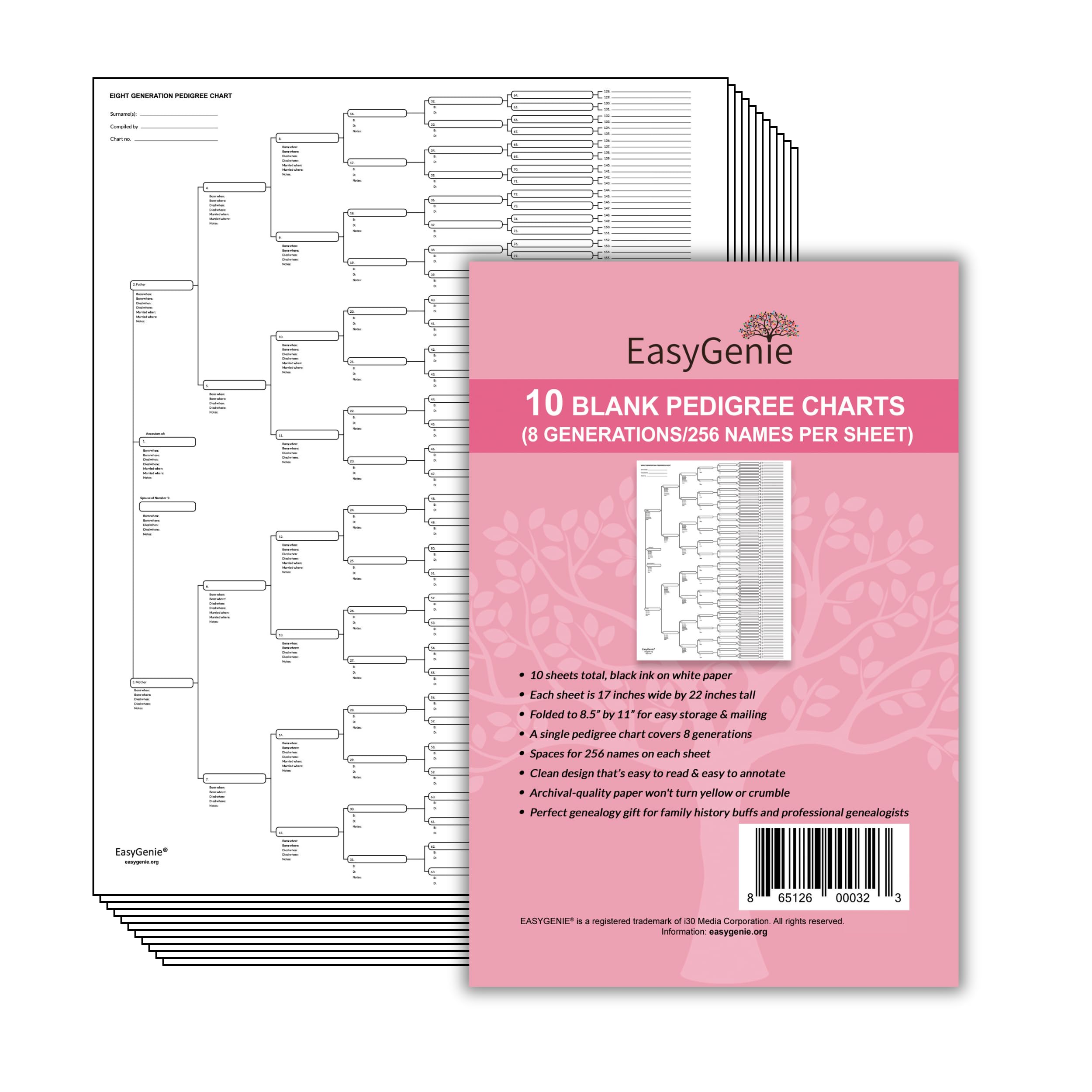 10 Blank Pedigree Charts for Genealogists (8 generations/256 names per form) by EasyGenie