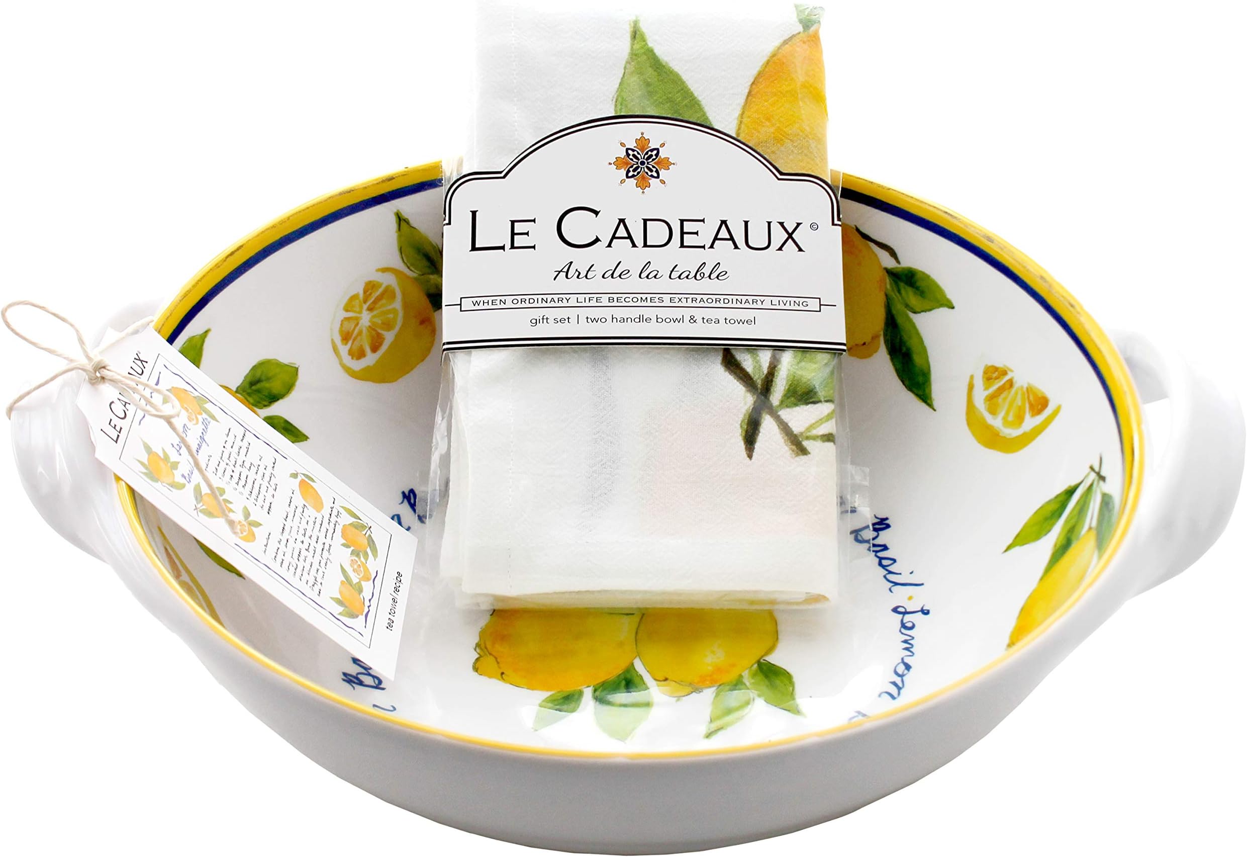 Le Cadeaux GS-BST-PAL Palermo Lemon Basil Melamine Salad Bowl with Handles, 9.25 inch, and Tea Towel Set