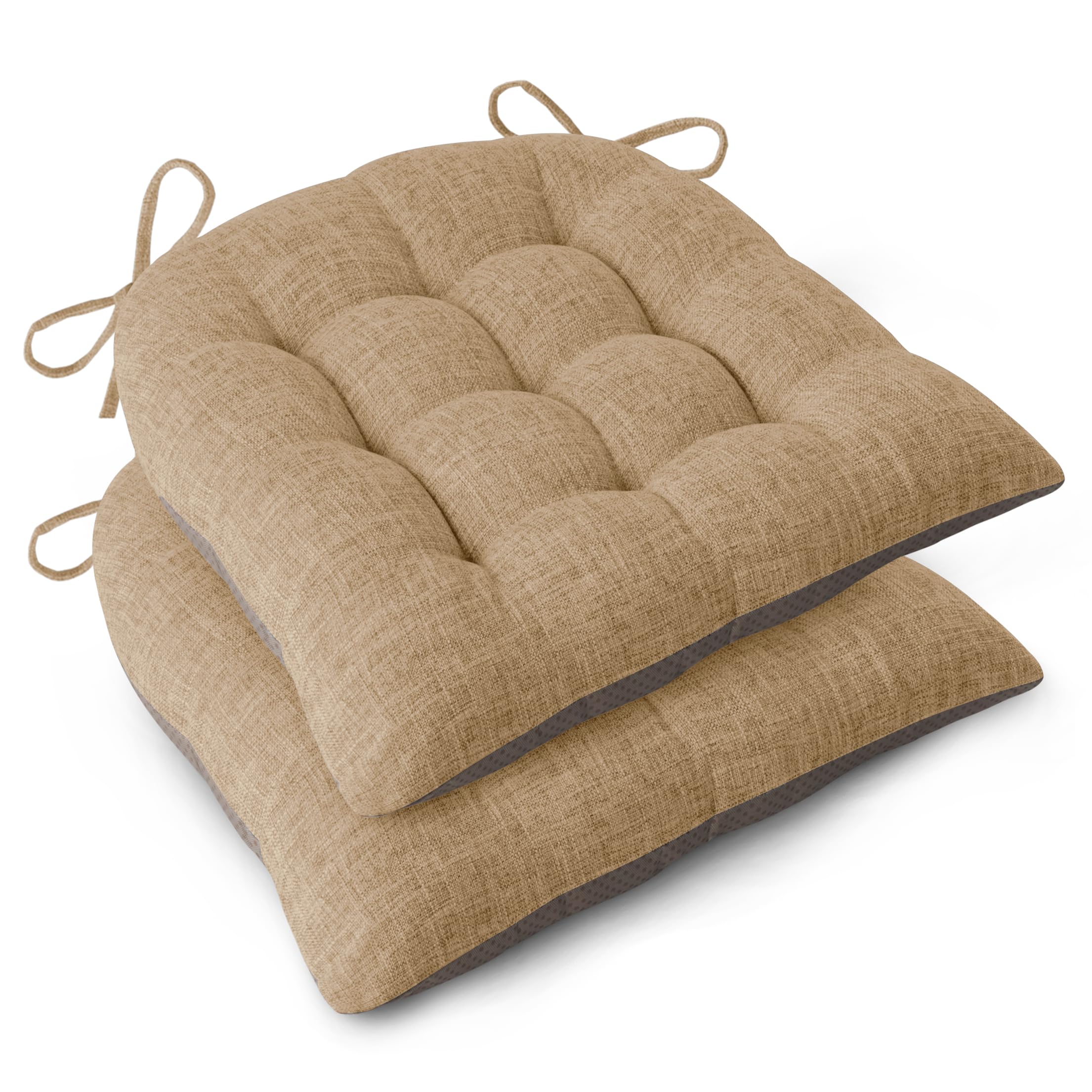 FlyGulls Chair Cushions for Dining Chairs Set of 2 Durable D-Shaped Seat Cushions with Non-Slip Backing Secure Ties Thick Cozy Seat Pad for Kitchen Dining Room Office(46x42x7.6cm Khaki)